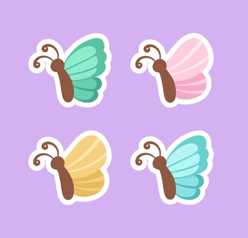 Cute butterfly stickers illustration set. Pretty vector butterflies side view with spring and summer colors for kids.