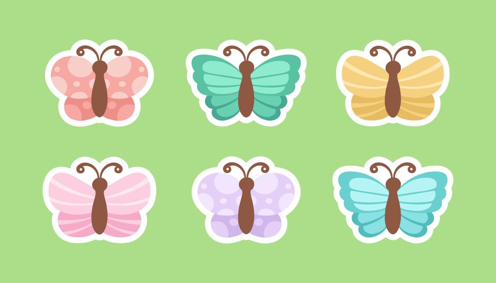 Cute butterfly stickers illustration set. Pretty vector butterflies with spring and summer colors for kids.