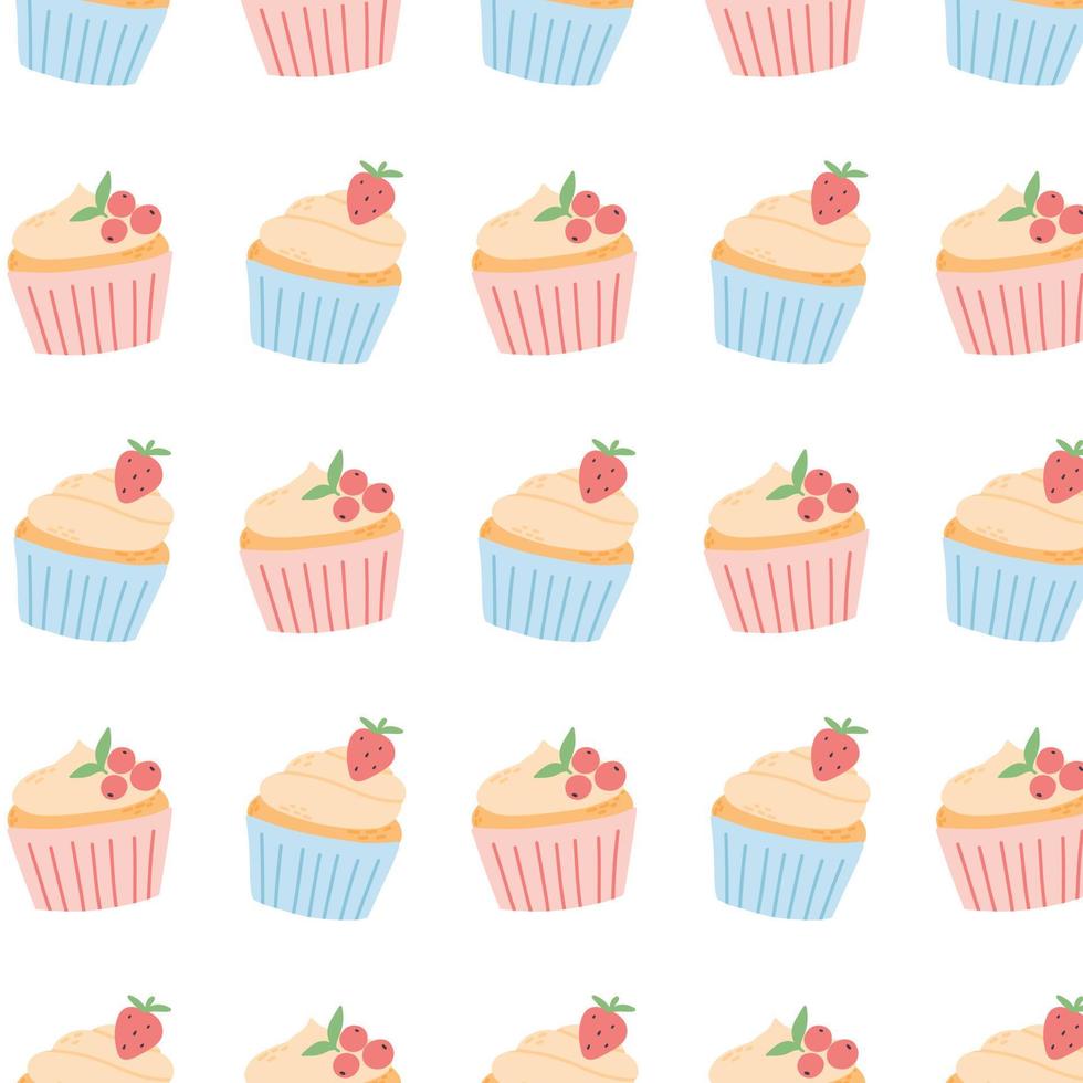 Seamless pattern with muffins. Print with cupcakes with kem and berries. Vector illustration. Flat style.