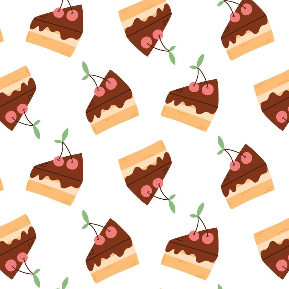Seamless pattern with a piece of chocolate cake. Cake print. Vector illustration. Flat style.