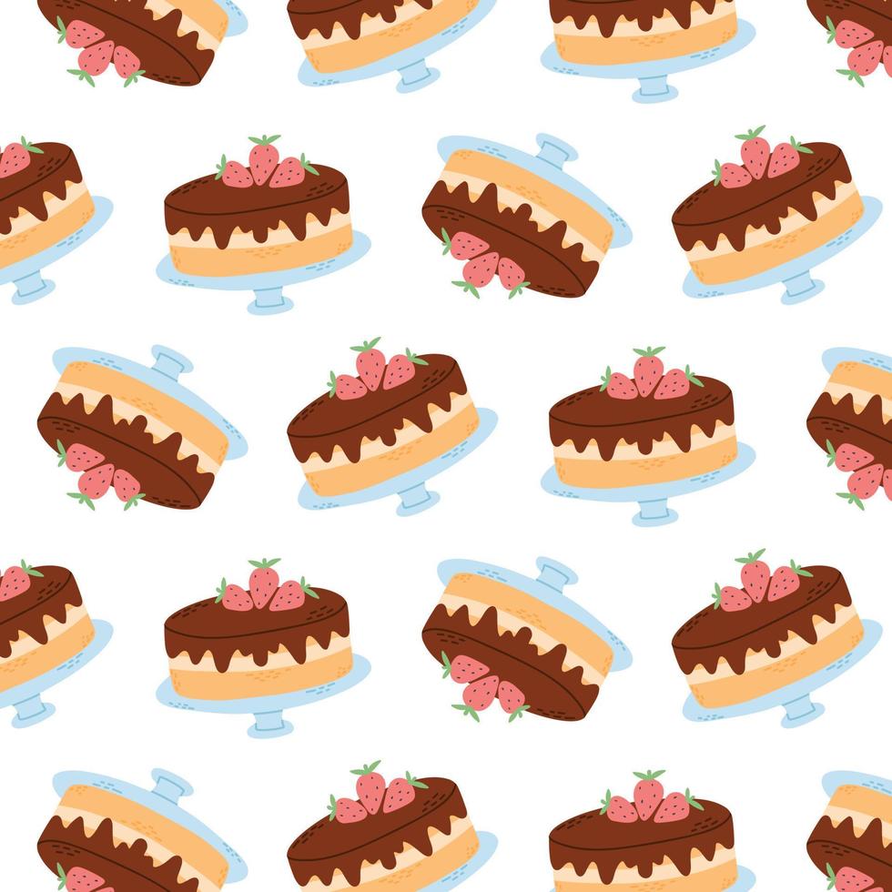 Seamless pattern with chocolate cake. Print with cake and strawberries. Vector illustration. Flat style.