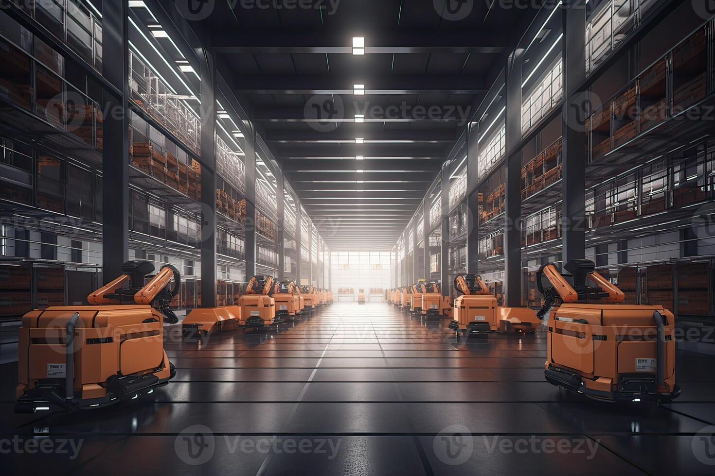 Autonomous Robot transportation in warehouses, Warehouse automation concept. . photo