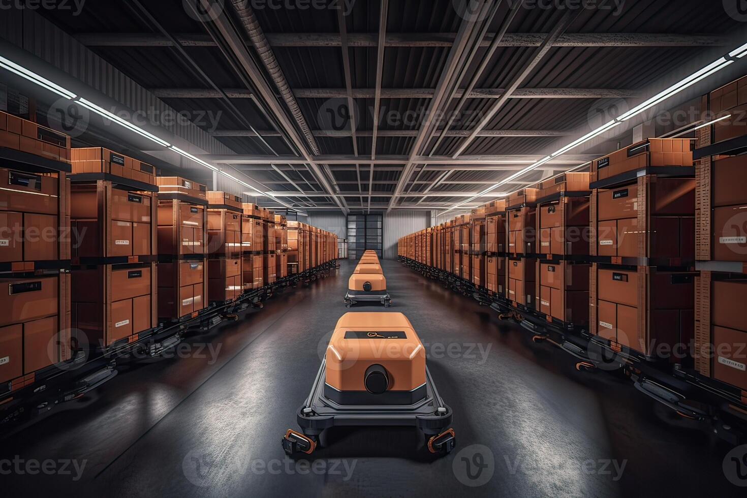Autonomous Robot transportation in warehouses, Warehouse automation concept. . photo
