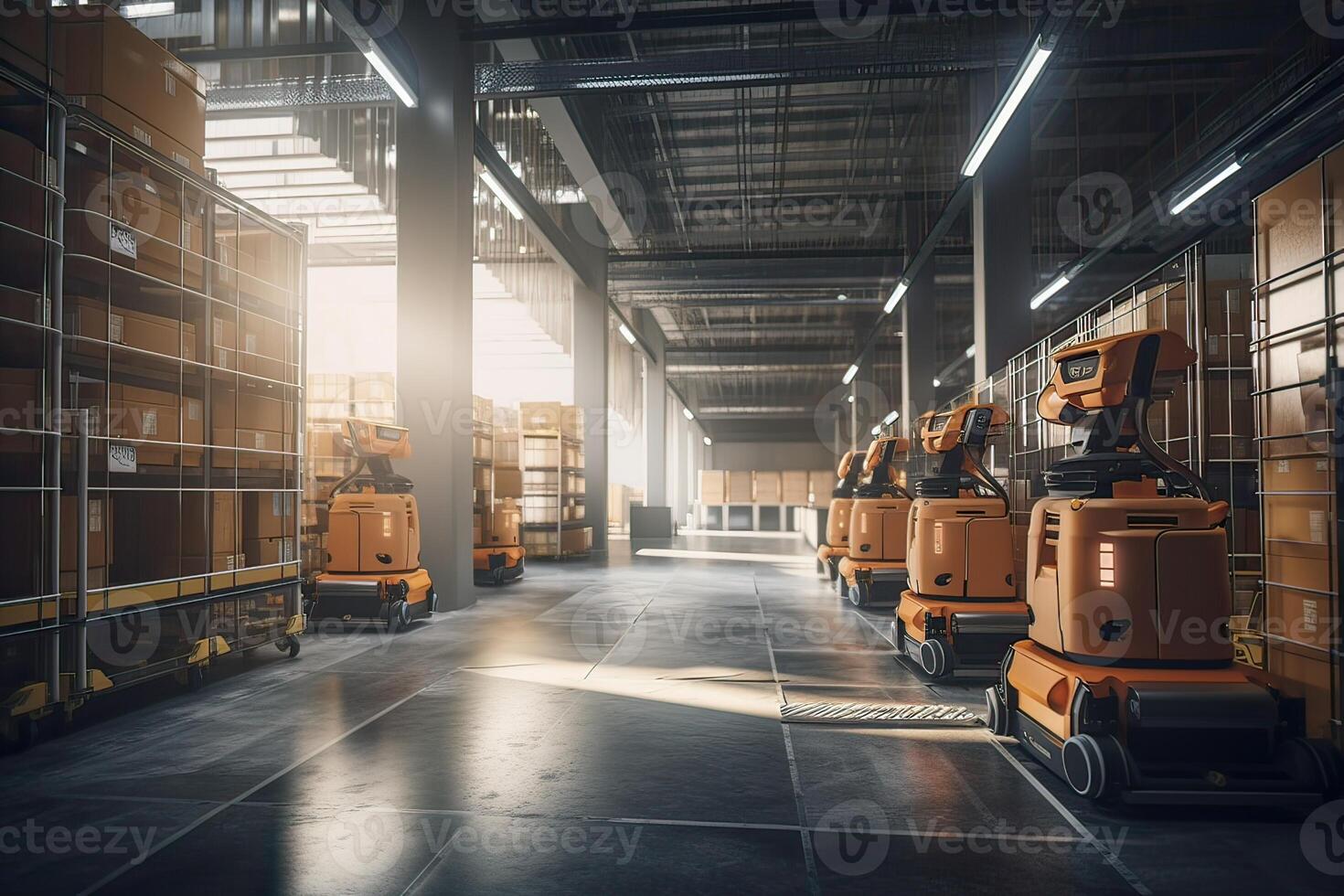 Autonomous Robot transportation in warehouses, Warehouse automation concept. . photo