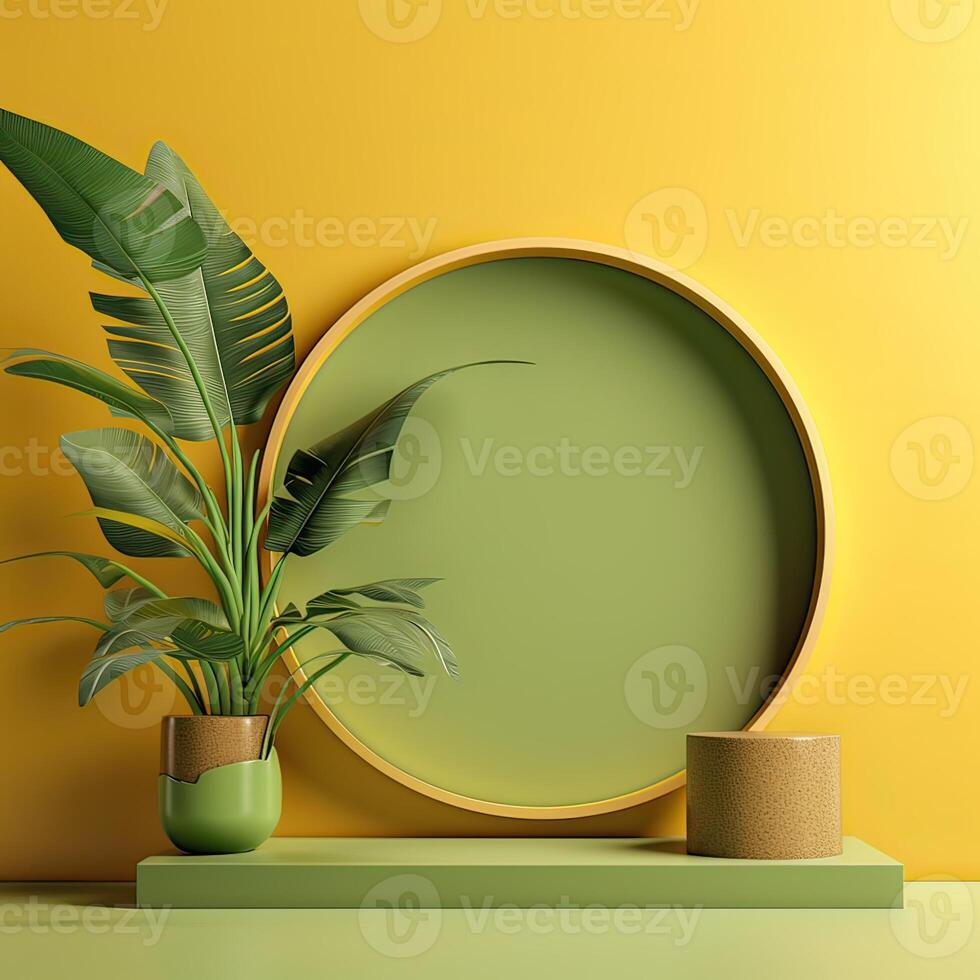 Minimal modern product display on green and yellow background with fresh palm leaves and shadows. Minimal Podium with Palm Leaf Summer Template Abstract Background. . photo