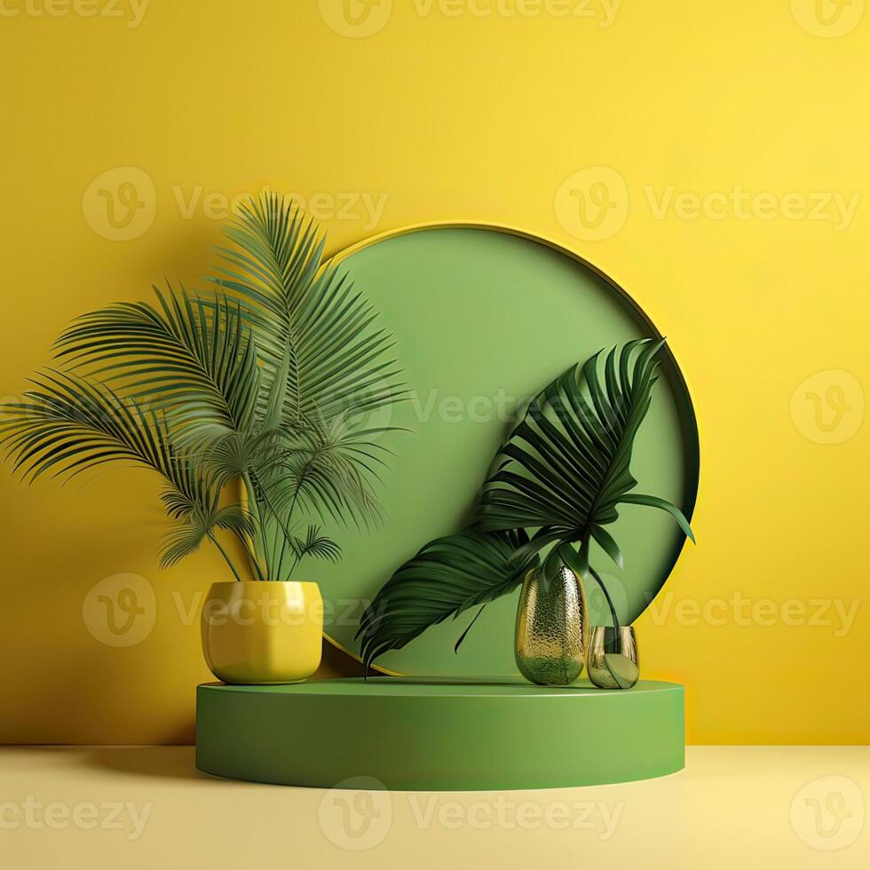 Minimal modern product display on green and yellow background with fresh palm leaves and shadows. Minimal Podium with Palm Leaf Summer Template Abstract Background. . photo