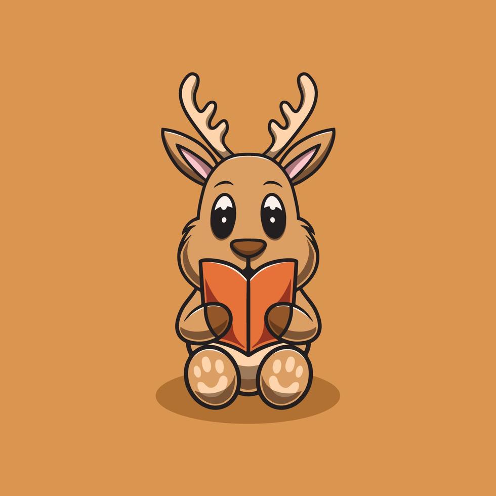 Cute deer reading a book cartoon illustration vector