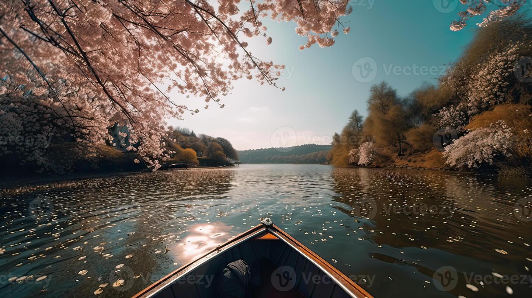 Tourists rowing boats on a lake under beautiful cherry blossom trees. . photo