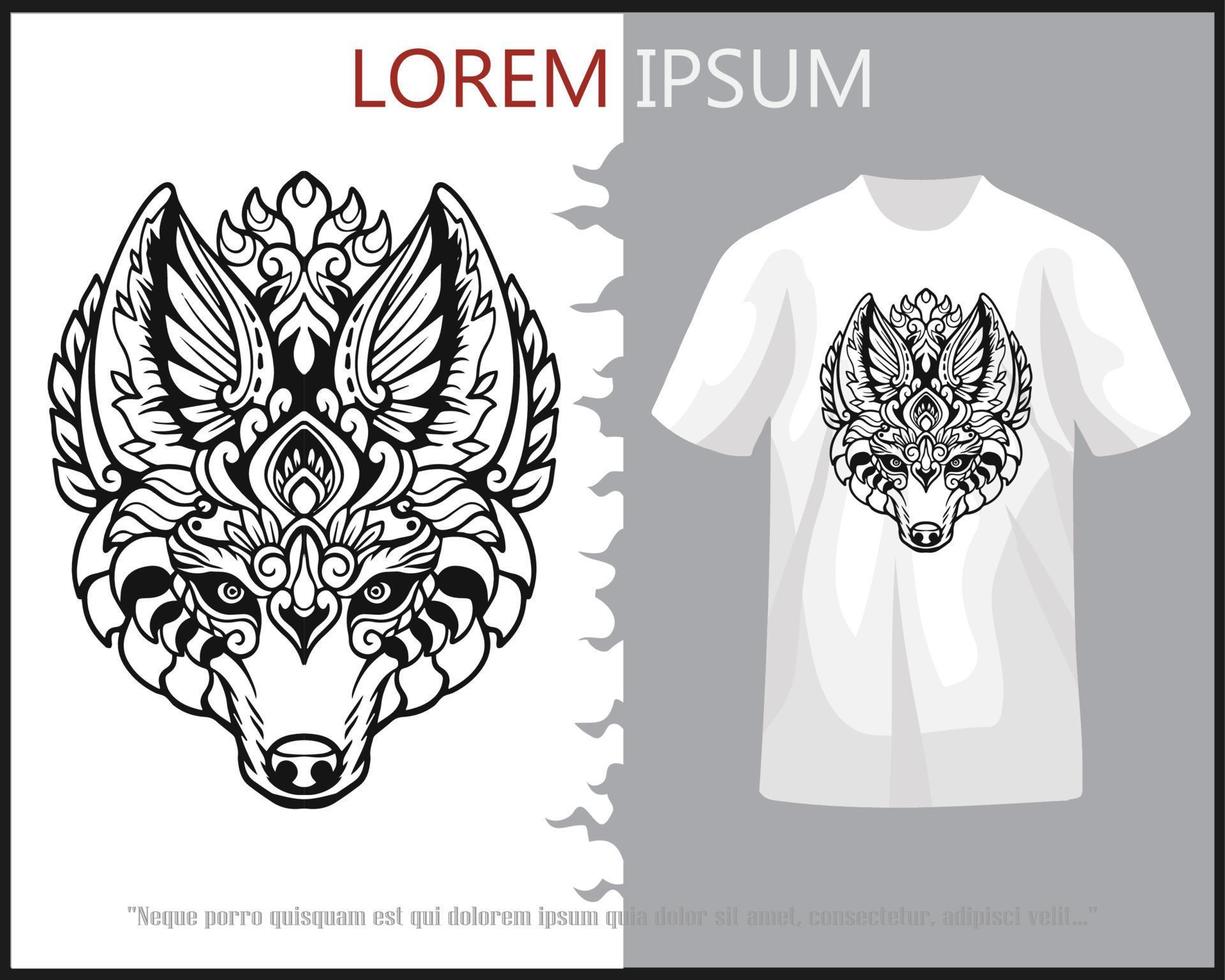 lobo cabeza mandala letras aislado en blanco t camisa. vector