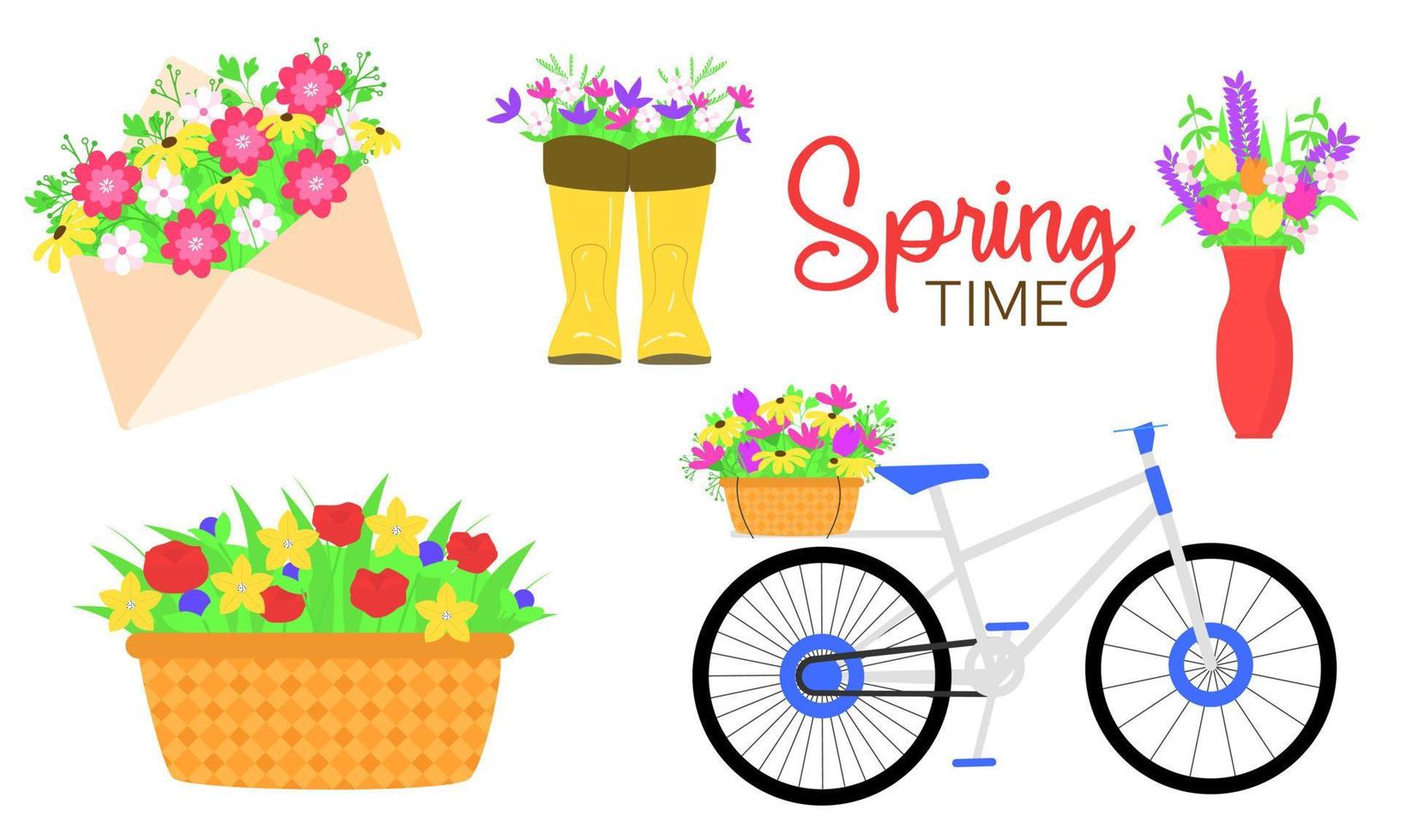 conjunto de flores primavera en ramo. sobre, botas, florero, cesta y bicicleta con flor. vector