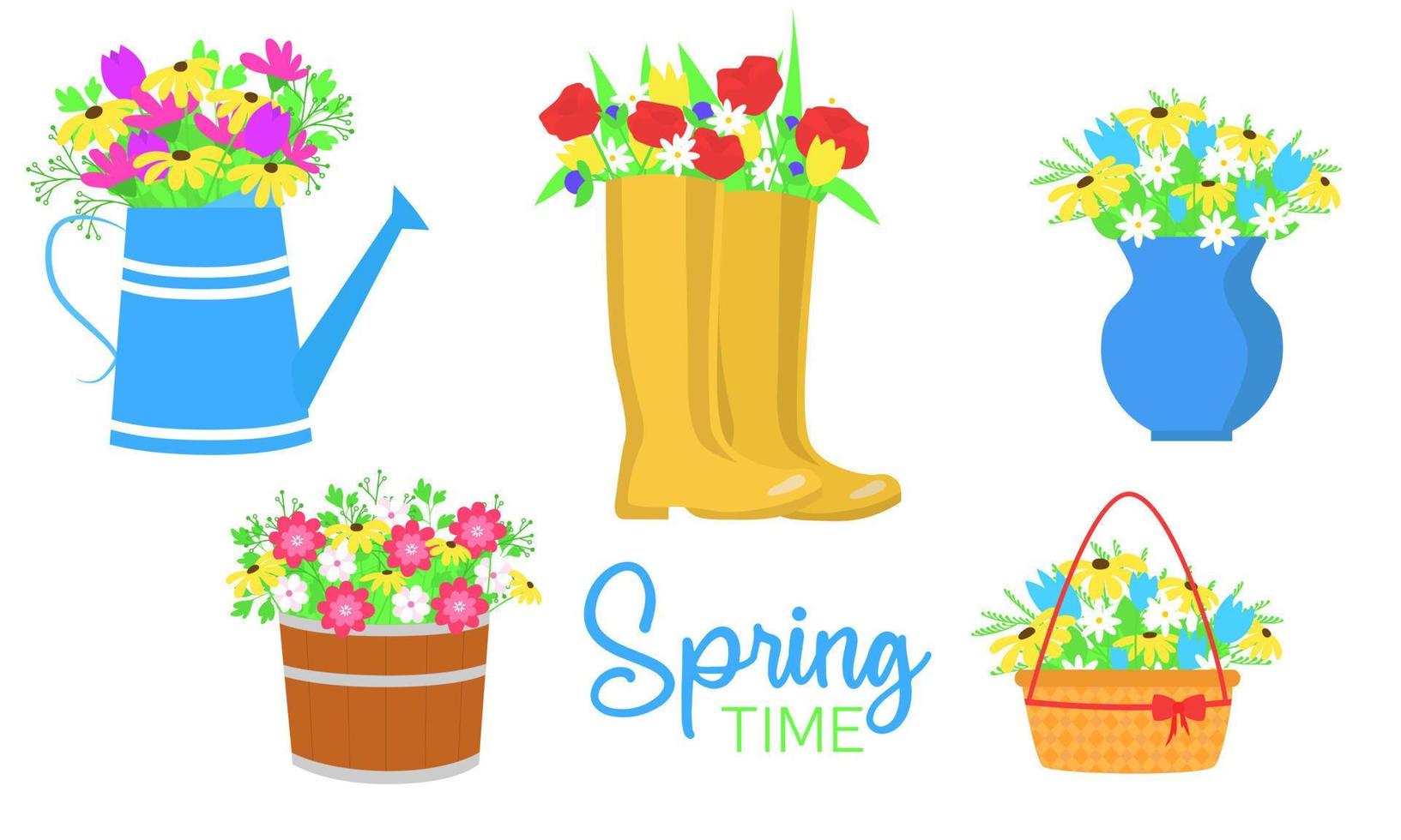 Collection of spring or summer flowers clip art. Bouquet of flowers in yellow boots, blue vase, pot and basket. Vector illustration.