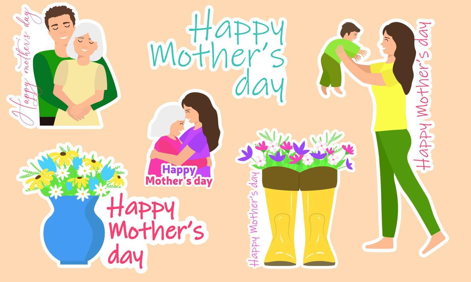 Set of stickers for Happy mothers day. Mother with child, baby, son, old mom, bouquet of flowers. vector