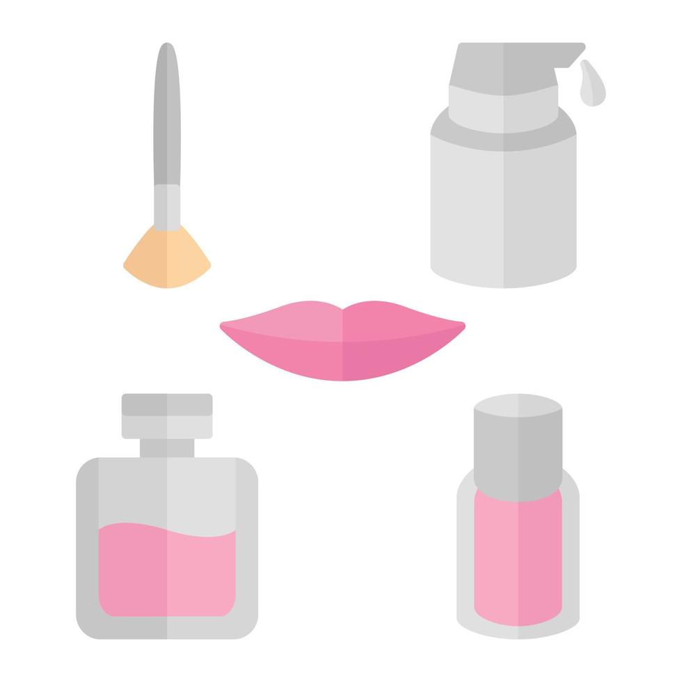Girl Cosmetic and Makeup. Brush Skincare Nail Polish Lips and Perfume. Flat Icon. Vector Design