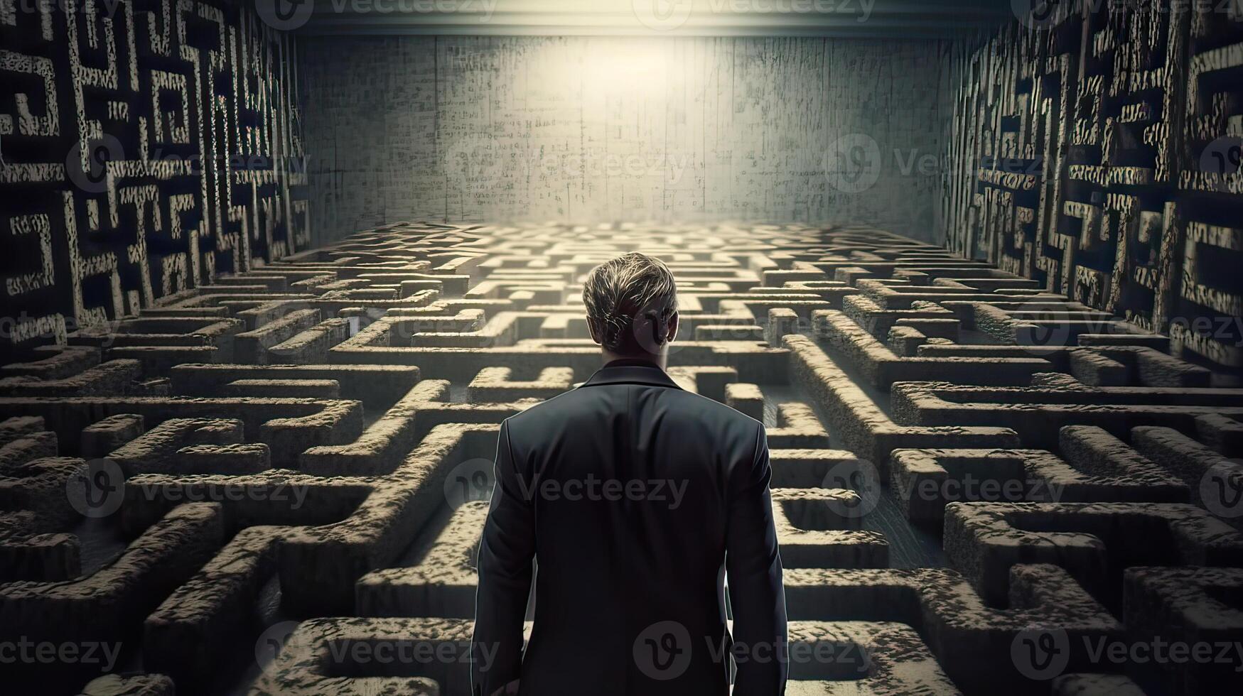 Rearview the businessman walking toward to concrete Maze. Businessman in front of a vast maze. Business and life concept. . photo