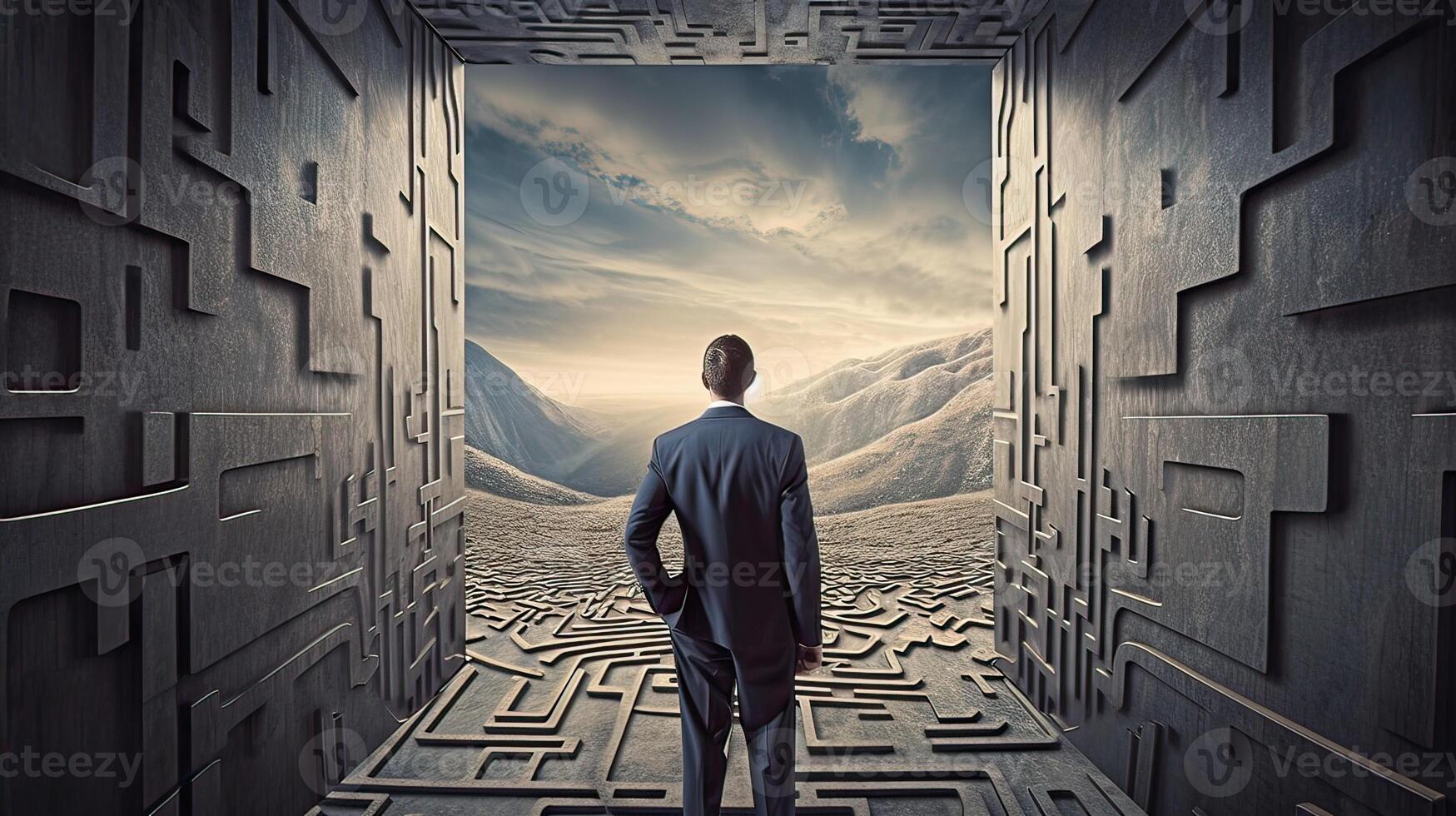 Rearview the businessman walking toward to concrete Maze. Businessman in front of a vast maze. Business and life concept. . photo