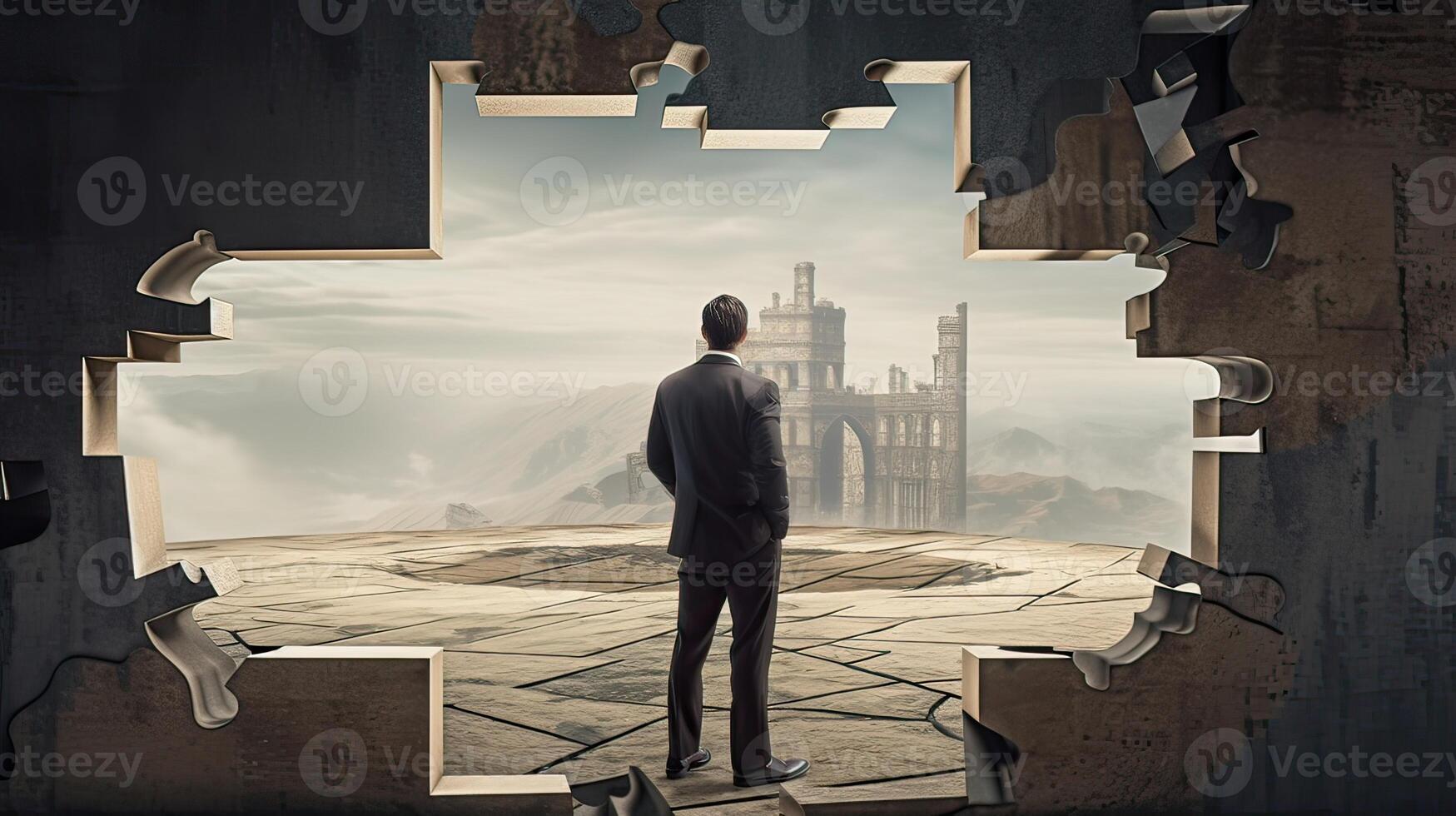 Rearview the businessman walking toward to concrete Maze. Businessman in front of a vast maze. Business and life concept. . photo