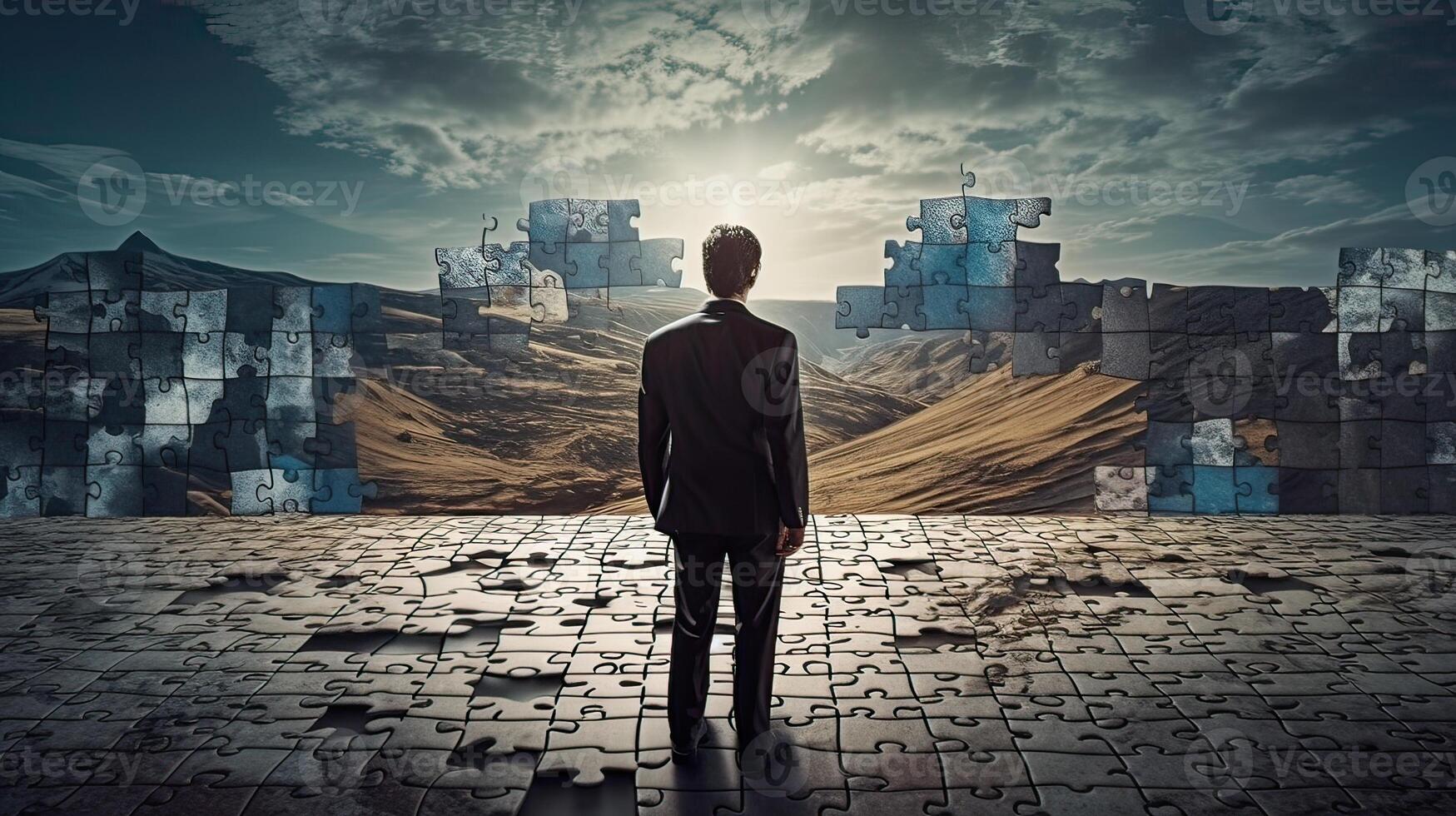Rearview the businessman walking toward to concrete Maze. Businessman in front of a vast maze. Business and life concept. . photo