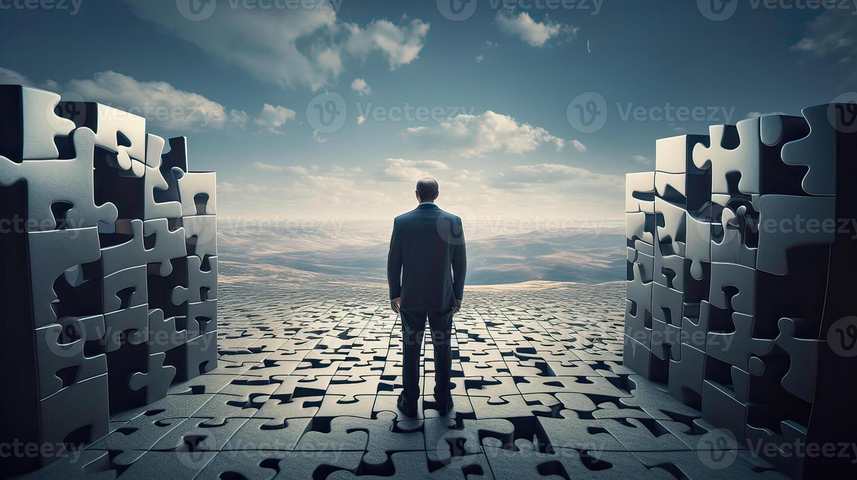 Rearview the businessman walking toward to concrete Maze. Businessman in front of a vast maze. Business and life concept. . photo