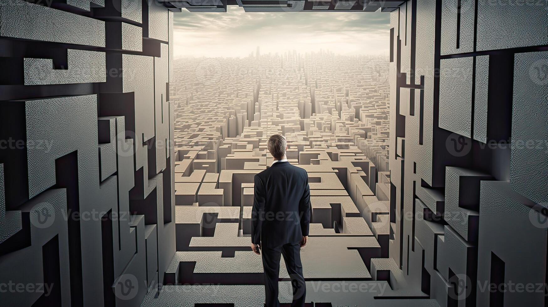 Rearview the businessman walking toward to concrete Maze. Businessman in front of a vast maze. Business and life concept. . photo