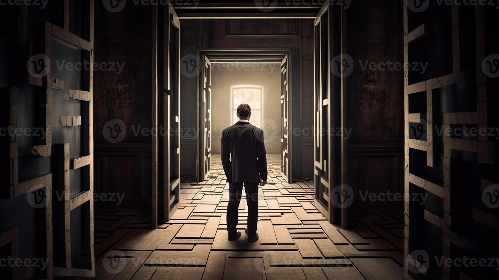 Rearview the businessman walking toward to concrete Maze. Businessman in front of a vast maze. Business and life concept. . photo