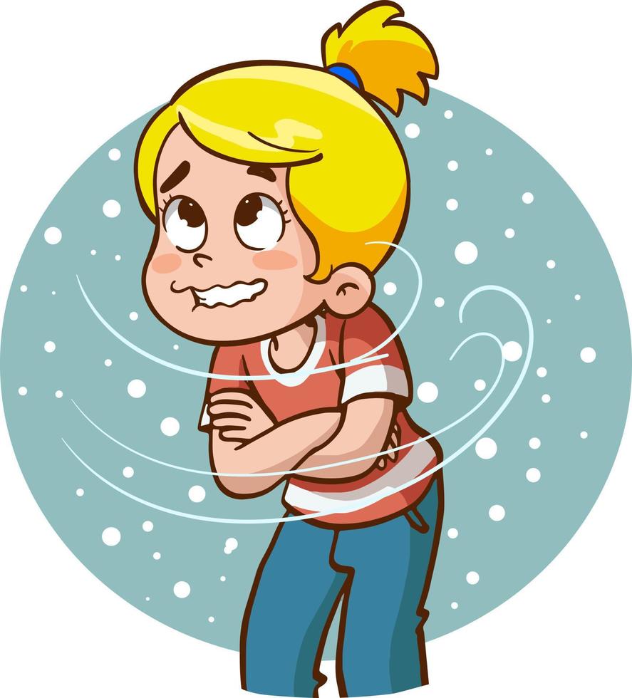 Shivering boy feeling cold, freezing temperature, cold weather. vector