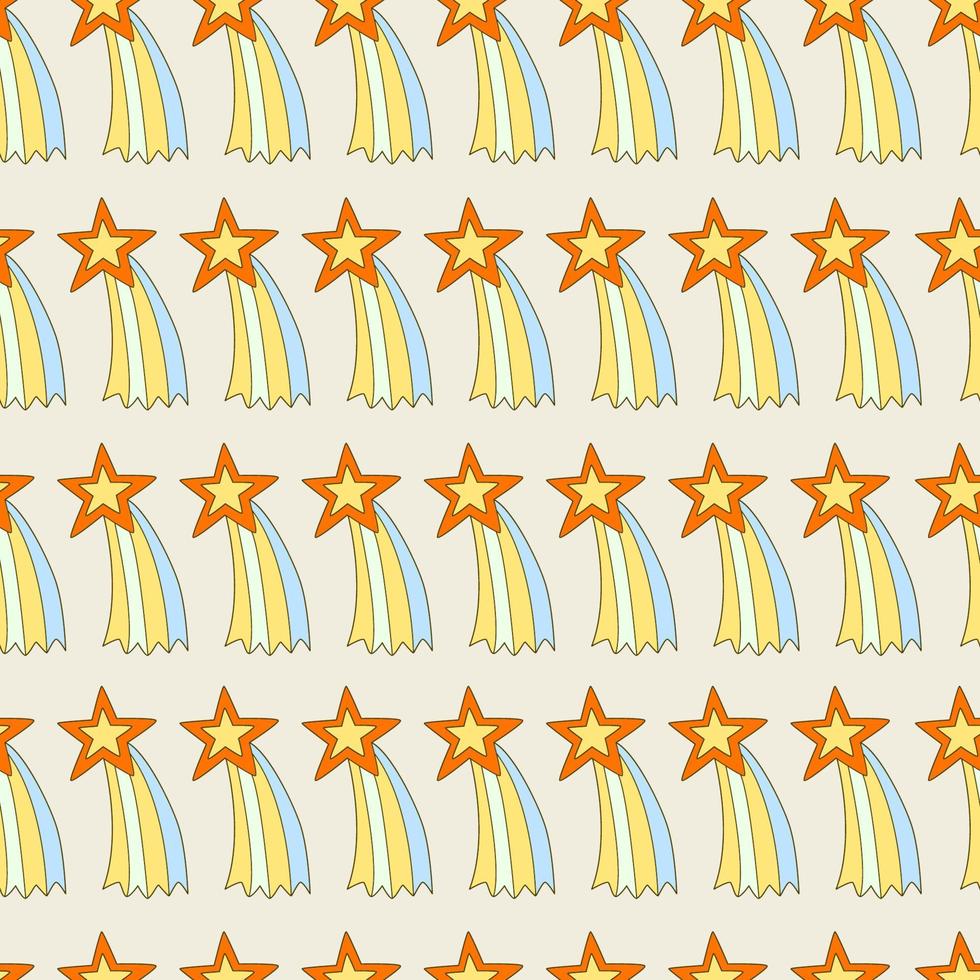 Hippie seamless pattern with star comets. Retro 70s vector illustration. Groovy cartoon style