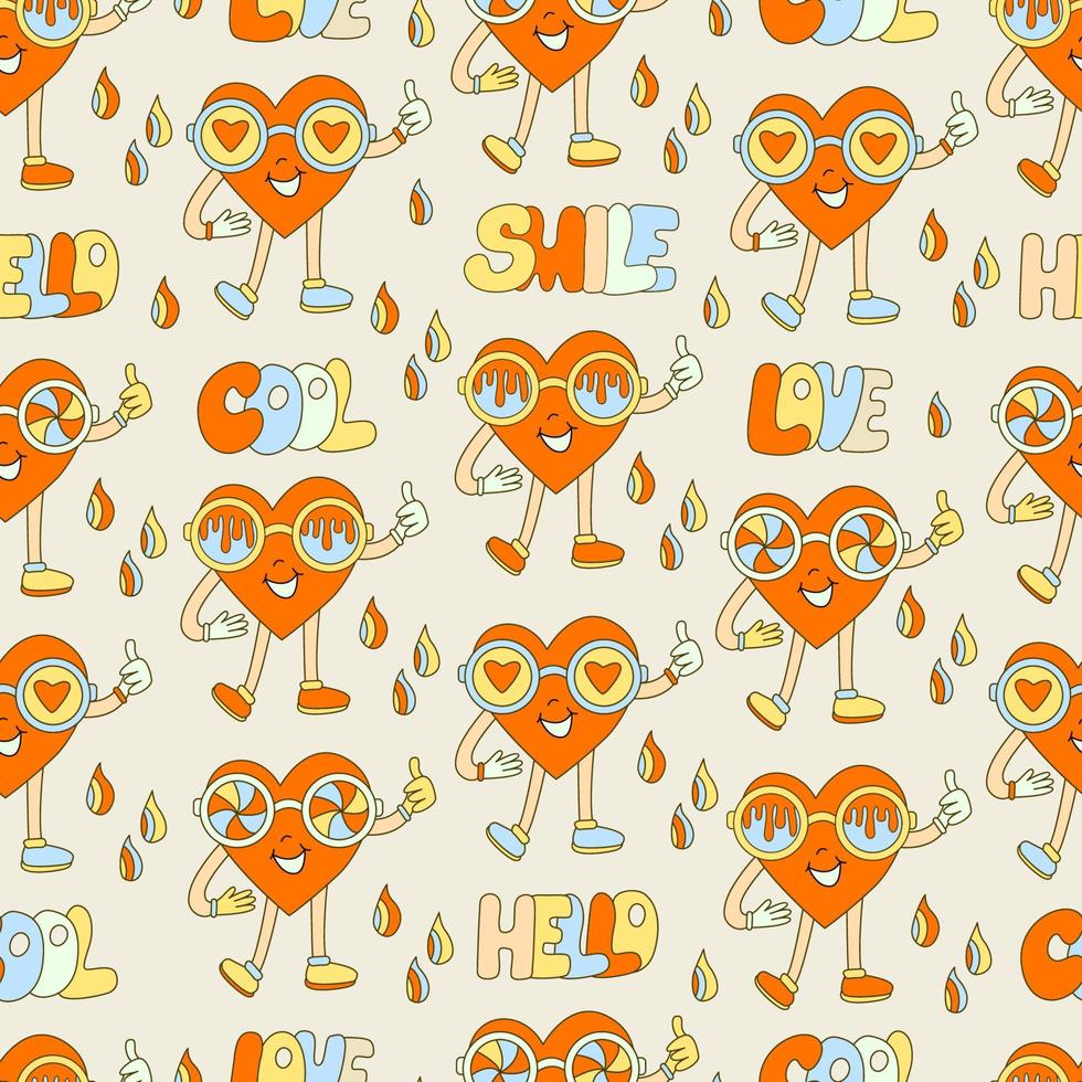 Hippie seamless pattern with hearts characters with cool glasses and letterings. Retro 70s vector illustration. Groovy cartoon style. Great for Valentines day.