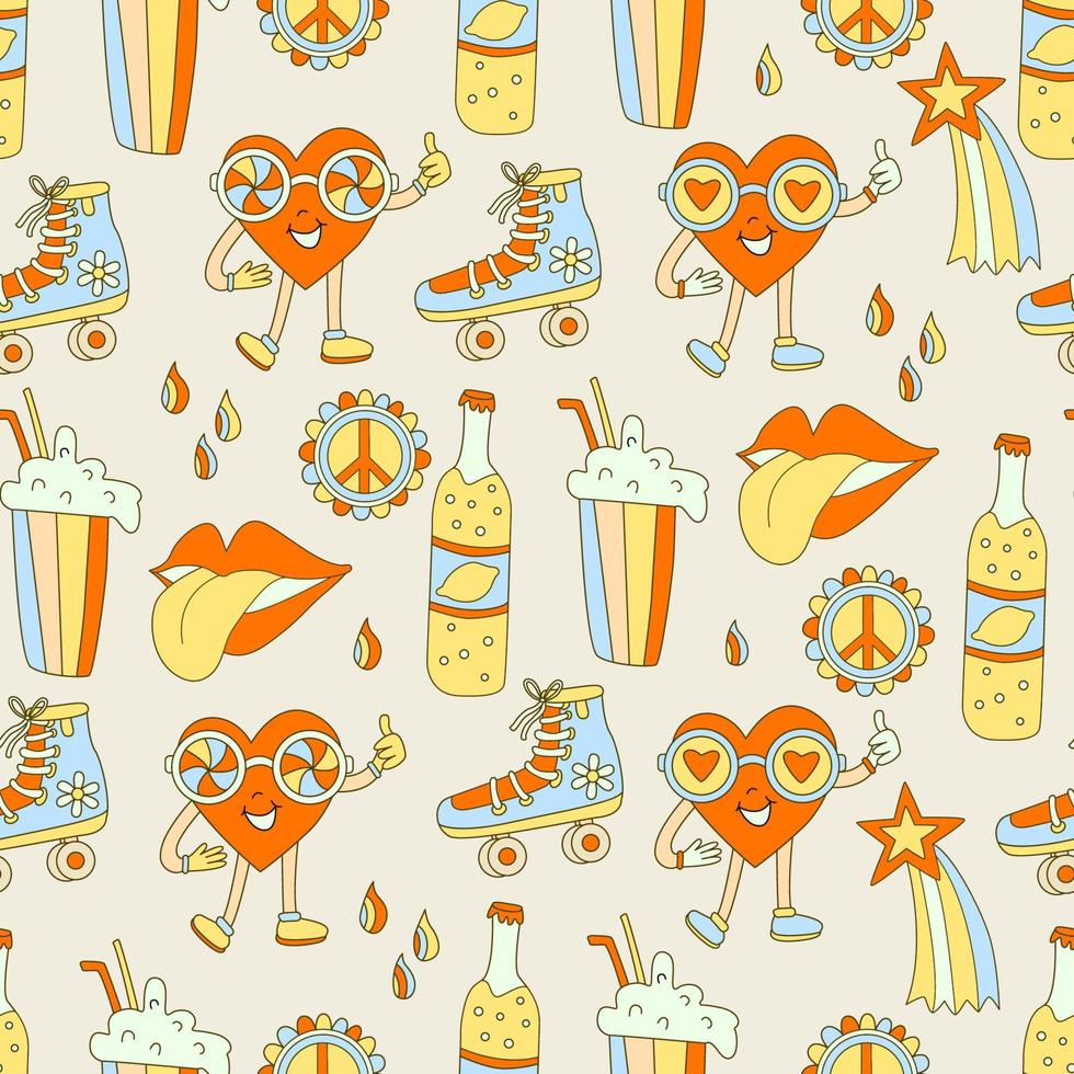 Hippie seamless pattern with cool elements lips, hearts, rollers, bottles of lemonade and peace signs. Retro 70s vector illustration. Groovy cartoon style.