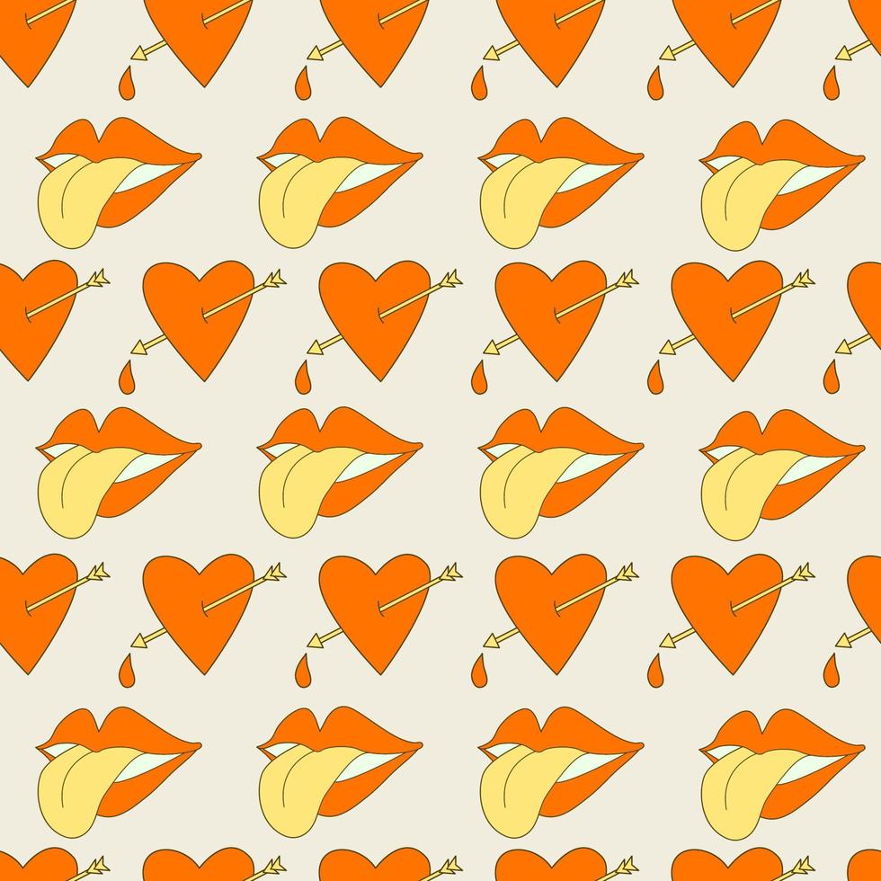 Hippie seamless pattern with hearts pierced by arrows, lips and tongue. Retro 70s vector illustration. Groovy cartoon style.