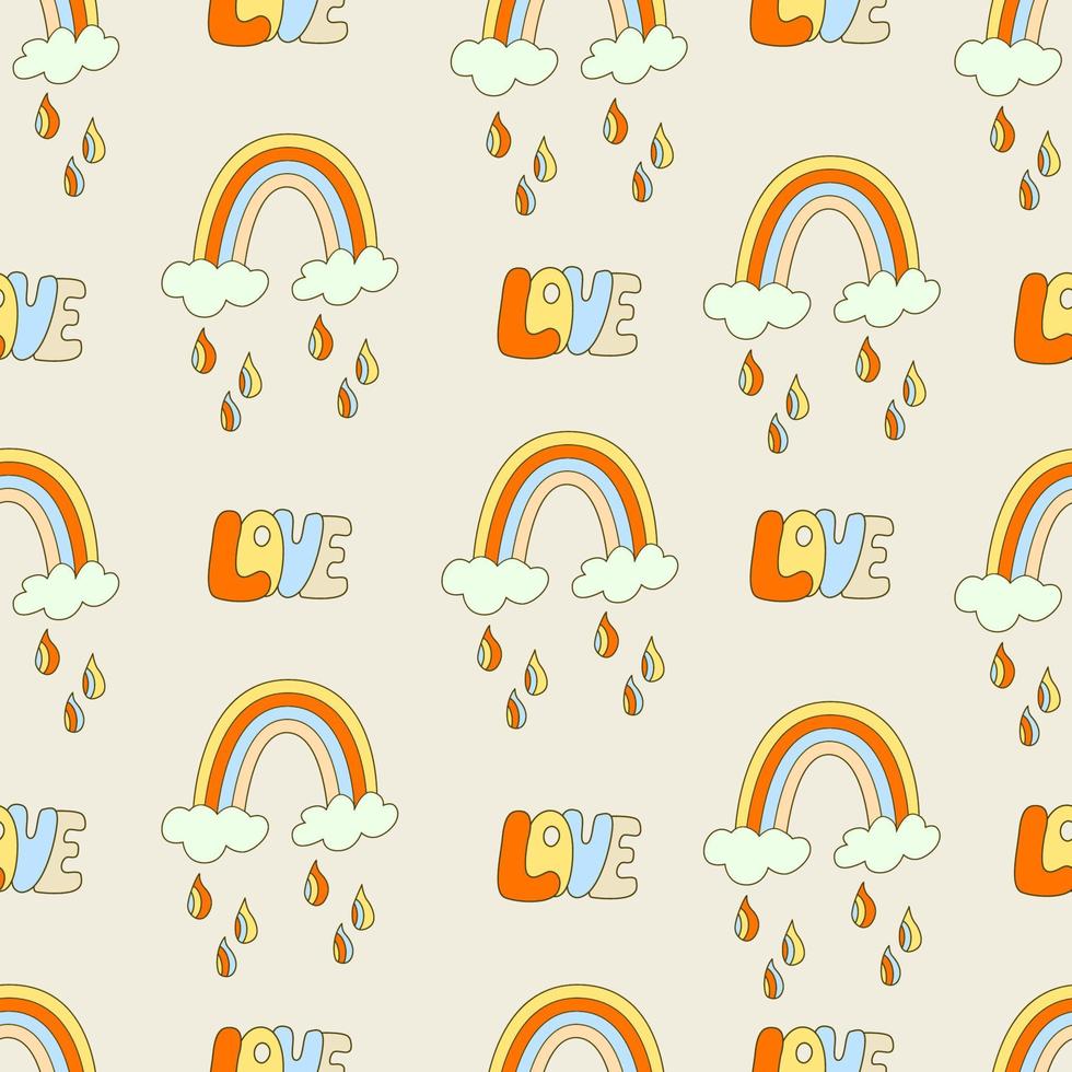 Hippie seamless pattern with rainbows and love letterings. Retro 70s vector illustration. Groovy cartoon style.