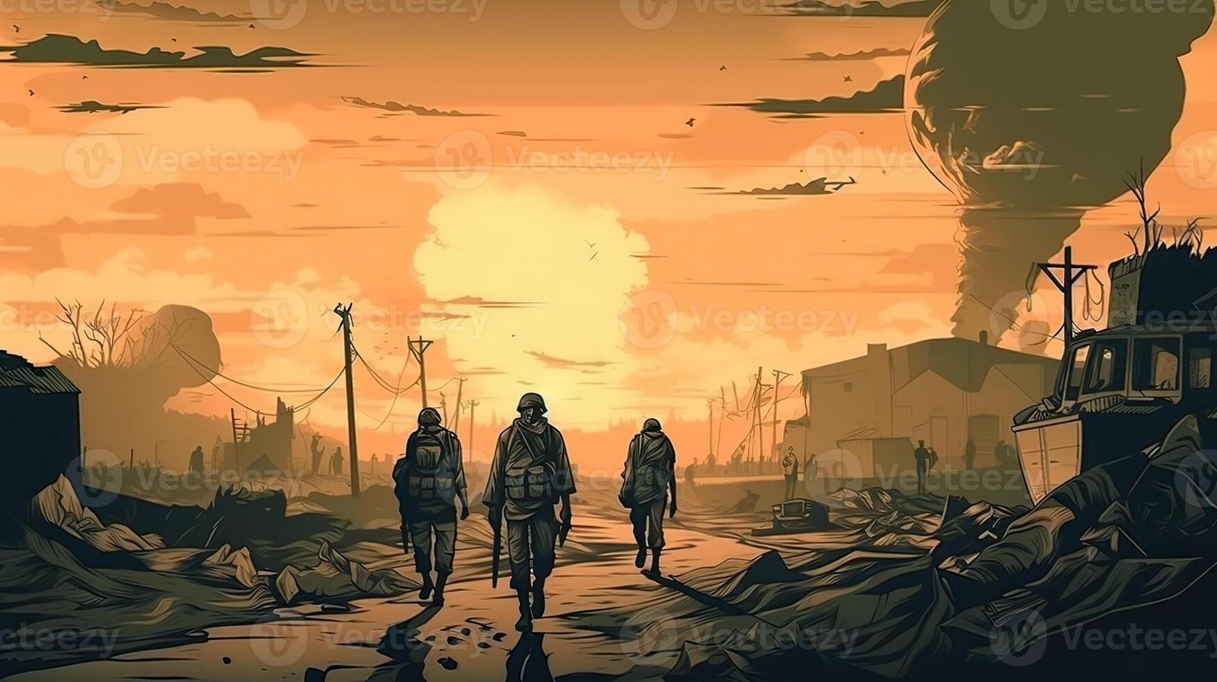 silhouette group of thai soldiers special forces full team in uniform walking action through smoke fire orange and holding gun on hand over lighting background. . photo