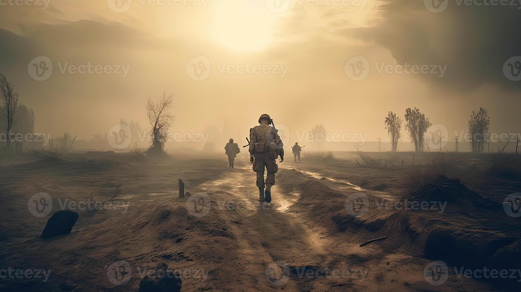 silhouette group of thai soldiers special forces full team in uniform walking action through smoke fire orange and holding gun on hand over lighting background. . photo