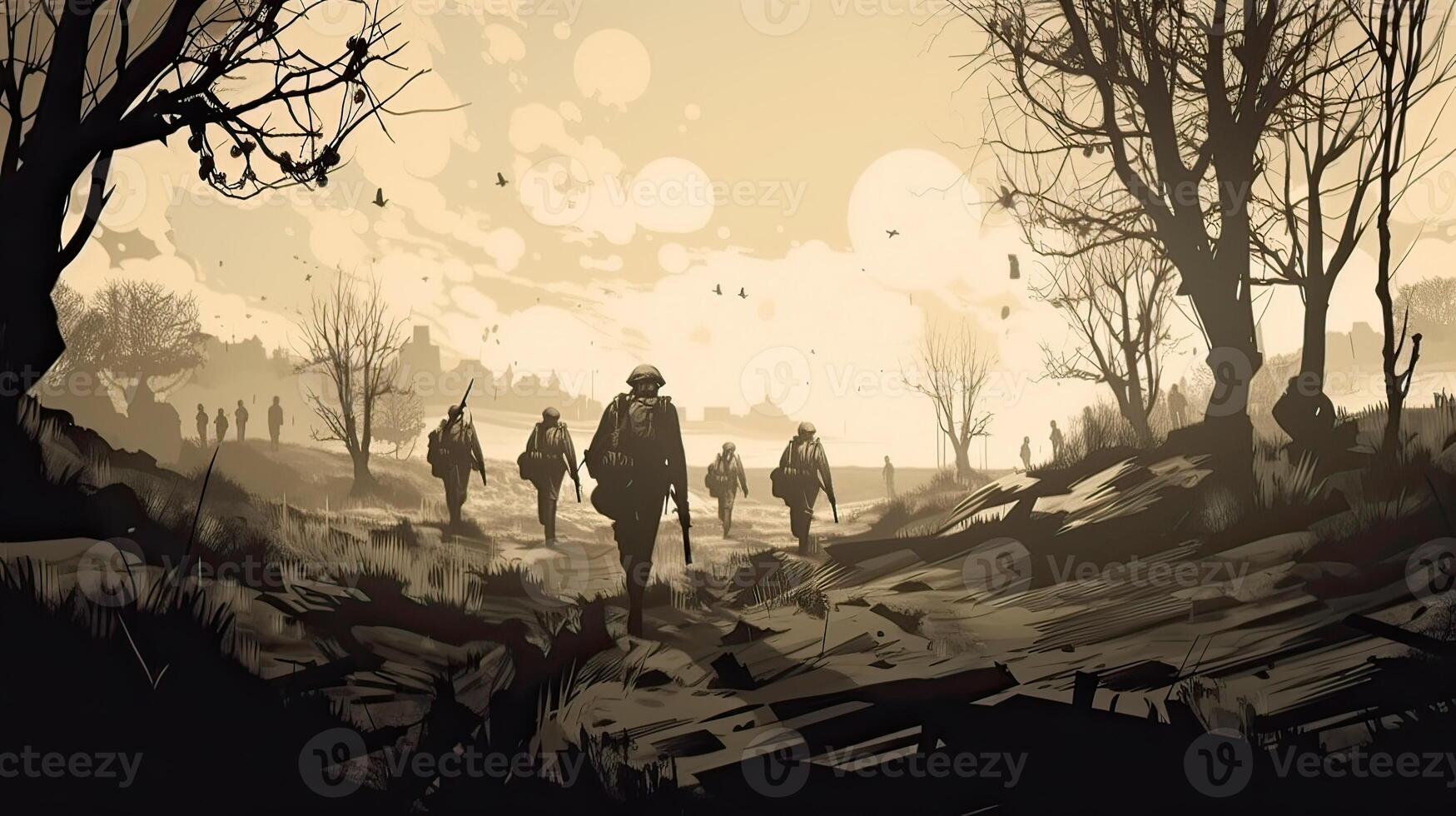 silhouette group of thai soldiers special forces full team in uniform walking action through smoke fire orange and holding gun on hand over lighting background. . photo