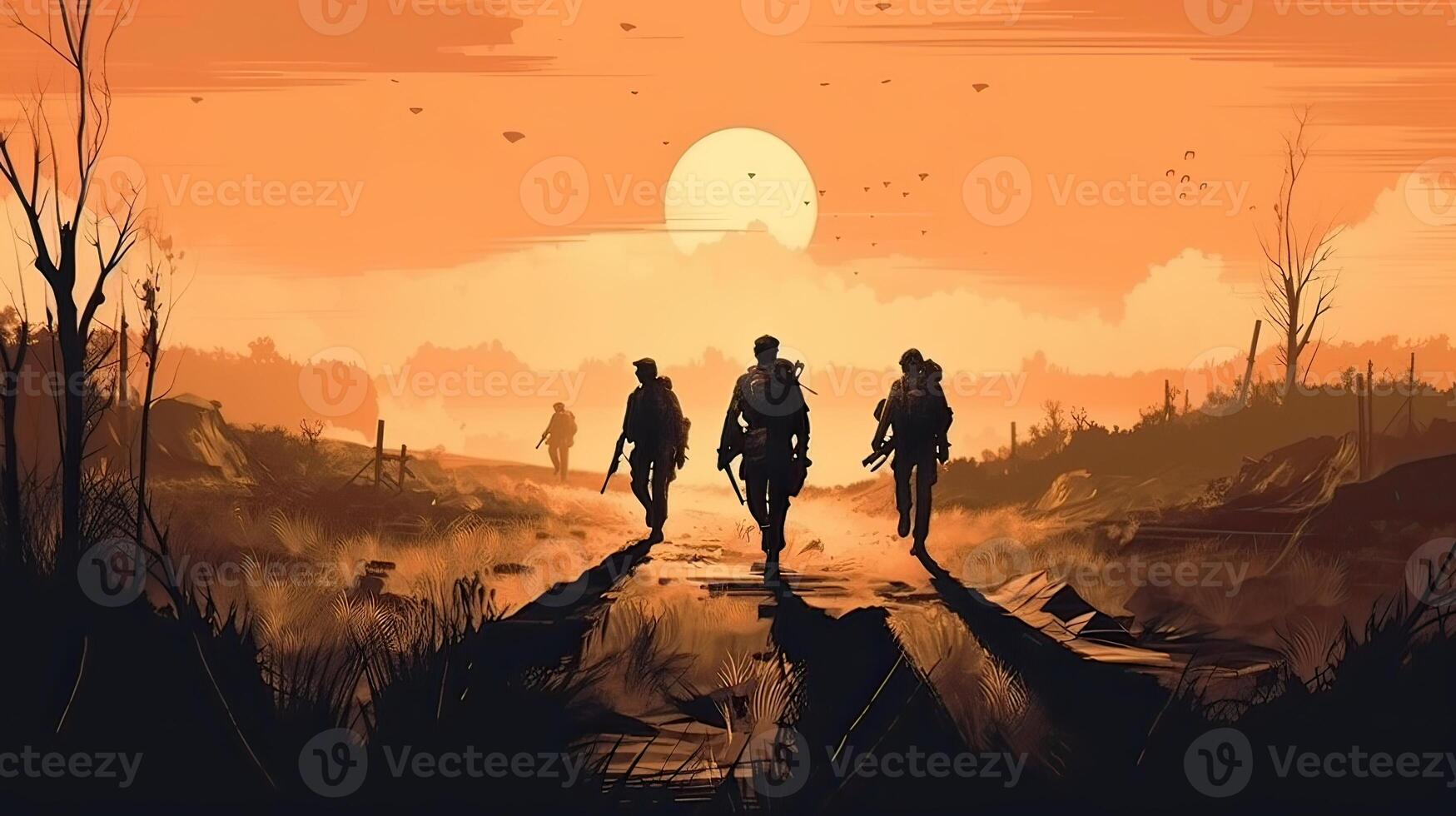 silhouette group of thai soldiers special forces full team in uniform walking action through smoke fire orange and holding gun on hand over lighting background. . photo