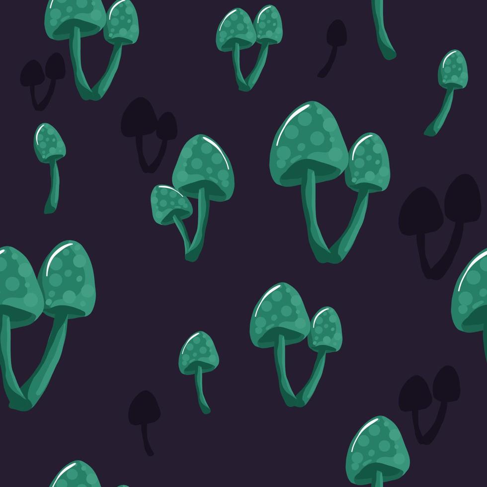 Amanita mushroom seamless pattern design - cute red mushrooms with white dots on green background vector
