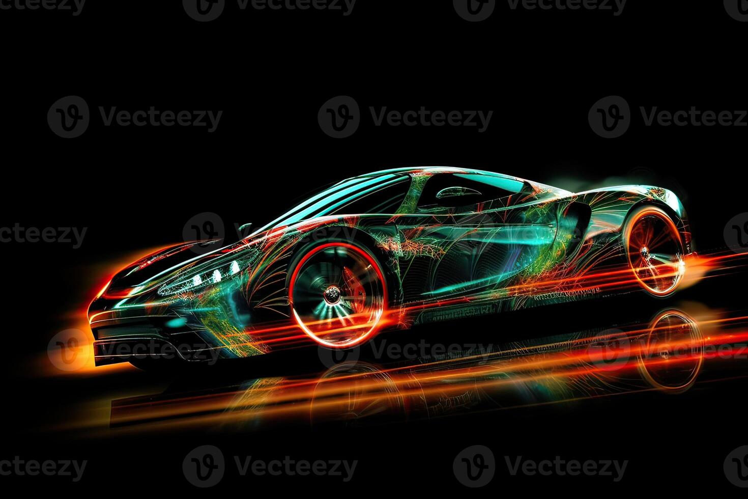 Futuristic Sports Car On Neon Highway. Powerful acceleration of a supercar on a night track with colorful lights and trails. 3d illustration. . photo