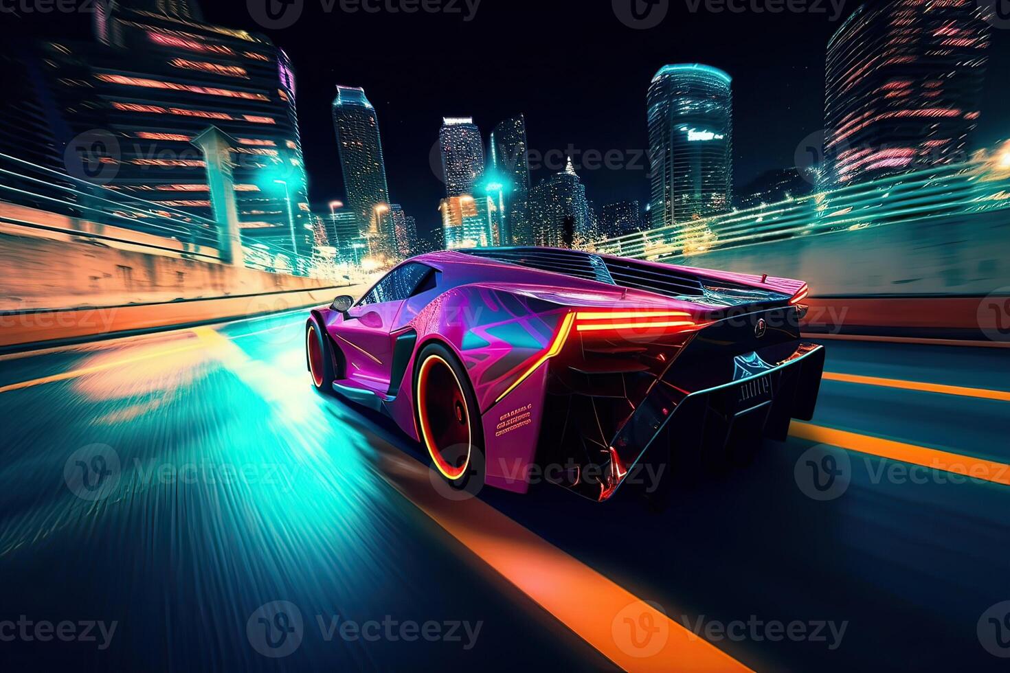 Futuristic Sports Car On Neon Highway. Powerful acceleration of a supercar on a night track with colorful lights and trails. 3d illustration. . photo