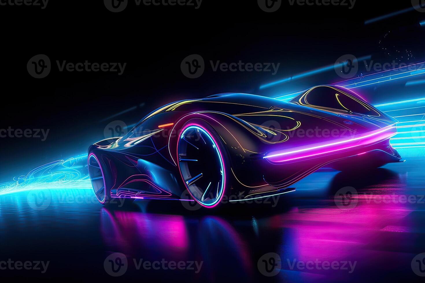 Futuristic Sports Car On Neon Highway. Powerful acceleration of a supercar on a night track with colorful lights and trails. 3d illustration. . photo