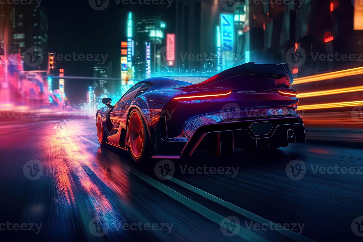 futurista Deportes coche en neón carretera. poderoso aceleración de un superdeportivo en un noche pista con vistoso luces y caminos. 3d ilustración. generativo ai. foto