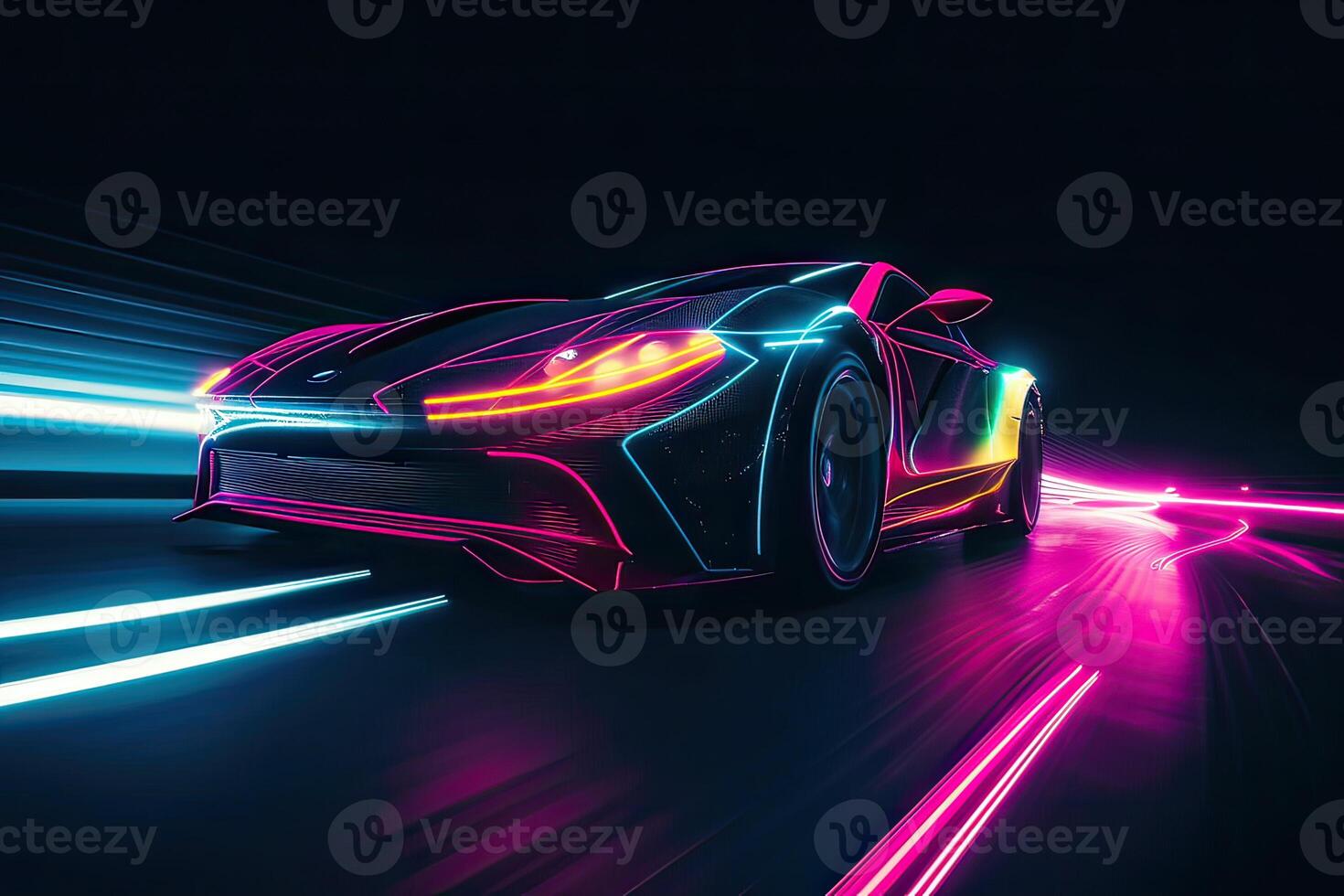 Futuristic Sports Car On Neon Highway. Powerful acceleration of a supercar on a night track with colorful lights and trails. 3d illustration. . photo