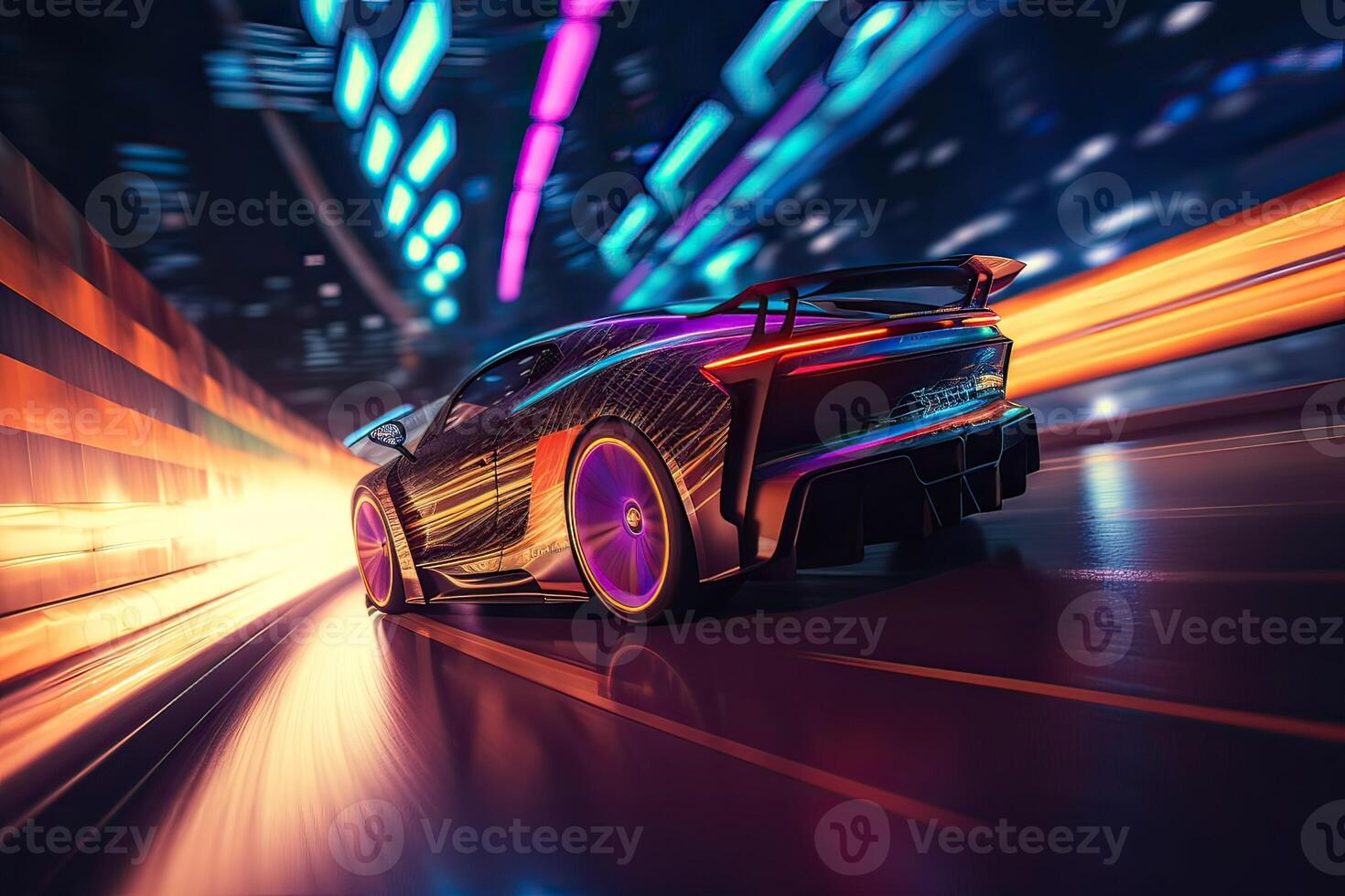 Futuristic Sports Car On Neon Highway. Powerful acceleration of a supercar on a night track with colorful lights and trails. 3d illustration. . photo