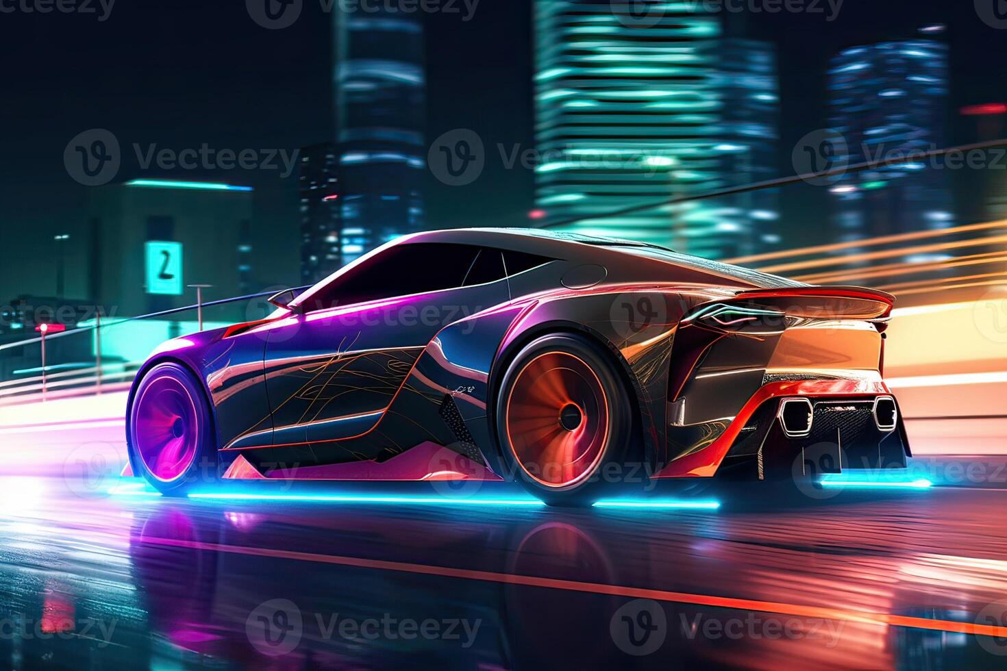 Futuristic Sports Car On Neon Highway. Powerful acceleration of a supercar on a night track with colorful lights and trails. 3d illustration. . photo