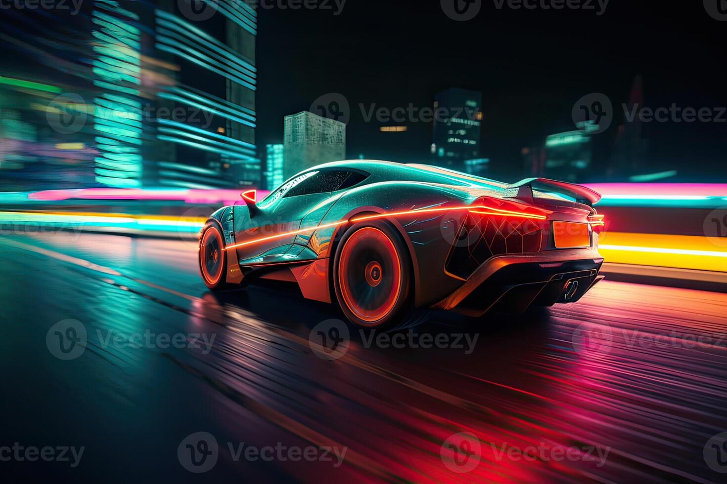 Futuristic Sports Car On Neon Highway. Powerful acceleration of a supercar on a night track with colorful lights and trails. 3d illustration. . photo