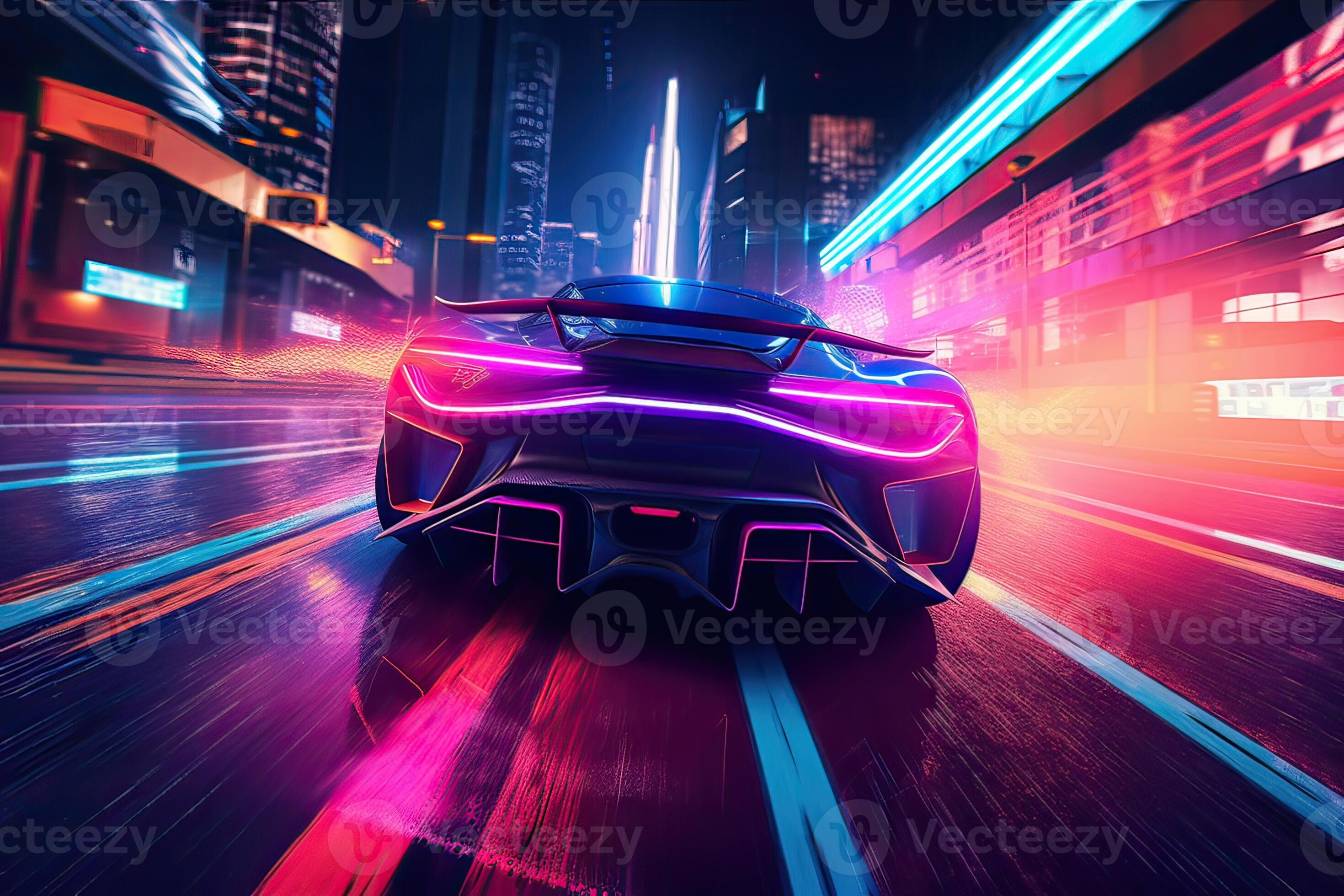 Futuristic Sports Car On Neon Highway. Powerful acceleration of a