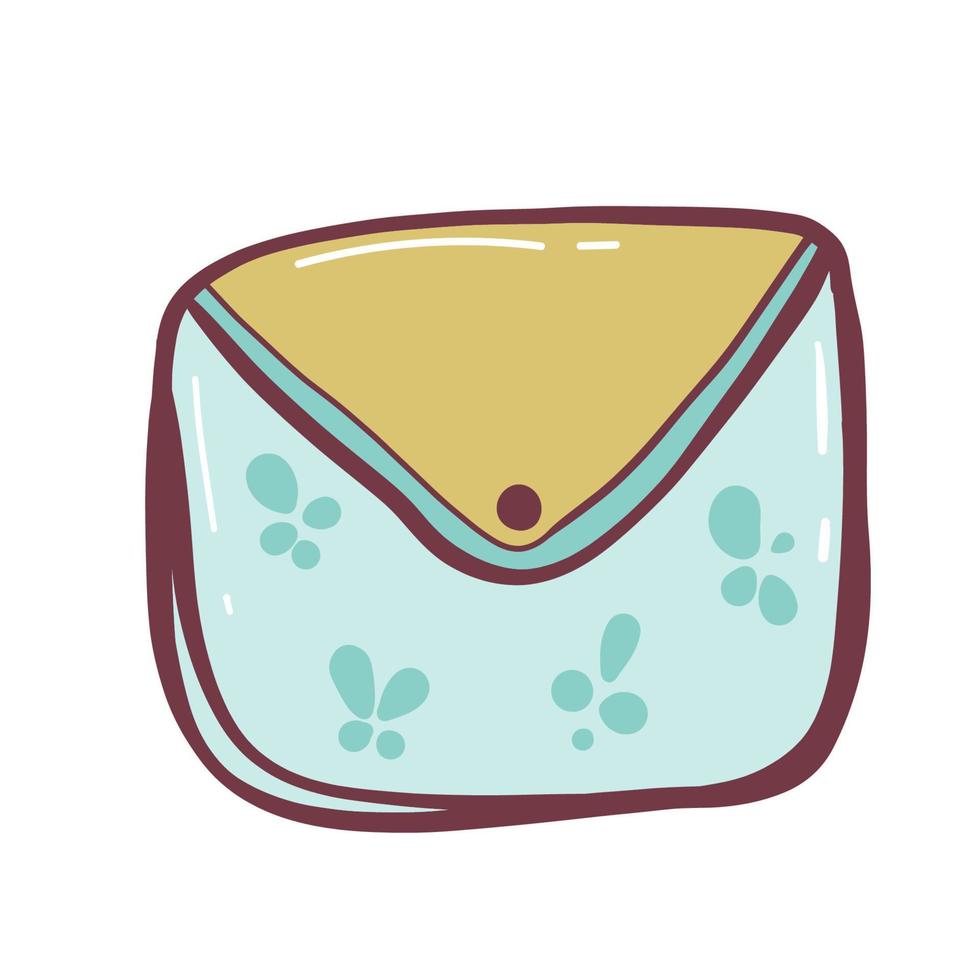 un púrpura bolso decorado con perlas y un en forma de corazon modelo. vector ilustración de un muchachas accesorio en un dibujos animados para niños estilo. aislado clipart. de colores Arte con un contorno