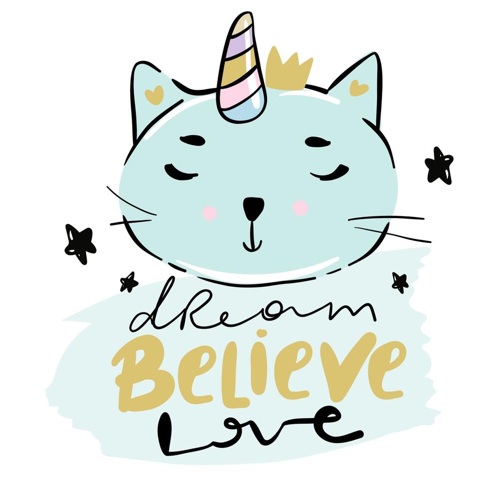 maíz de gato encantador dibujos animados gato unicornio cara y letras texto en blanco antecedentes. linda vector para ropa impresión y niños camiseta para muchacha.