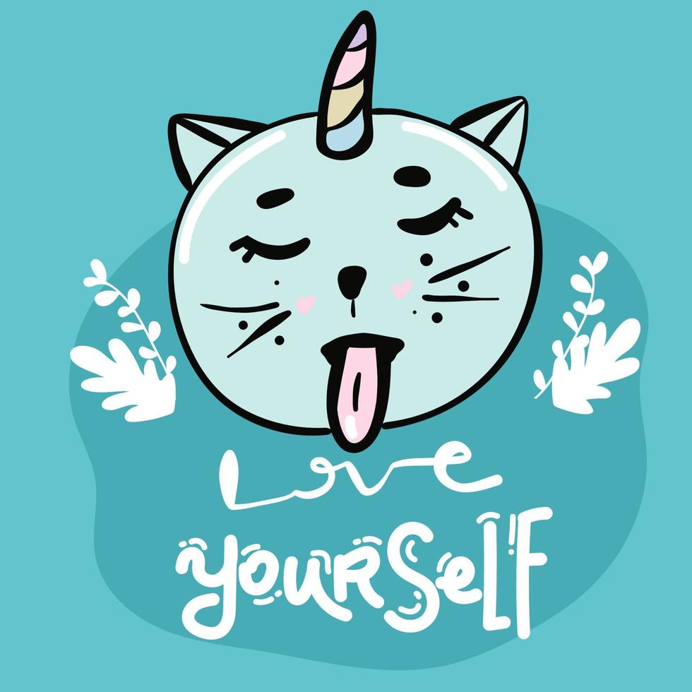 maíz de gato encantador dibujos animados gato unicornio cara y letras texto en blanco antecedentes. linda vector para ropa impresión y niños camiseta para niña