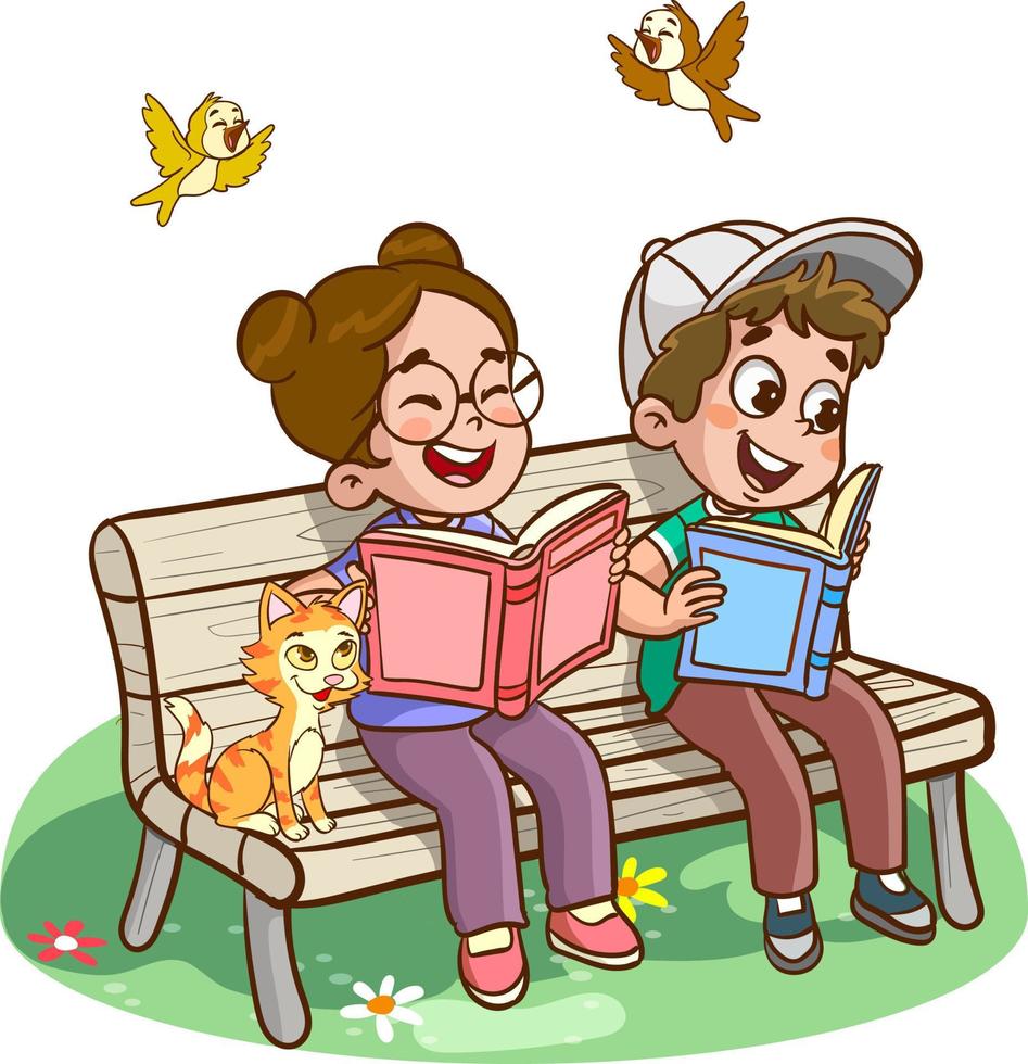 Children learn from books. Boy and girl reading fairy tales together. Colorful cartoon characters. Funny vector illustration. Isolated on white background
