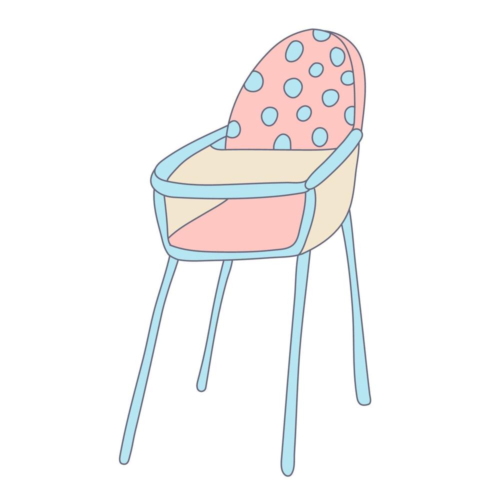 Baby highchair decorated with polka dots in color doodle style. Flat style with outline. Hand drawn vector illustration isolated on white. Chair for feeding. Pastel muted colors, pink, blue, beige.