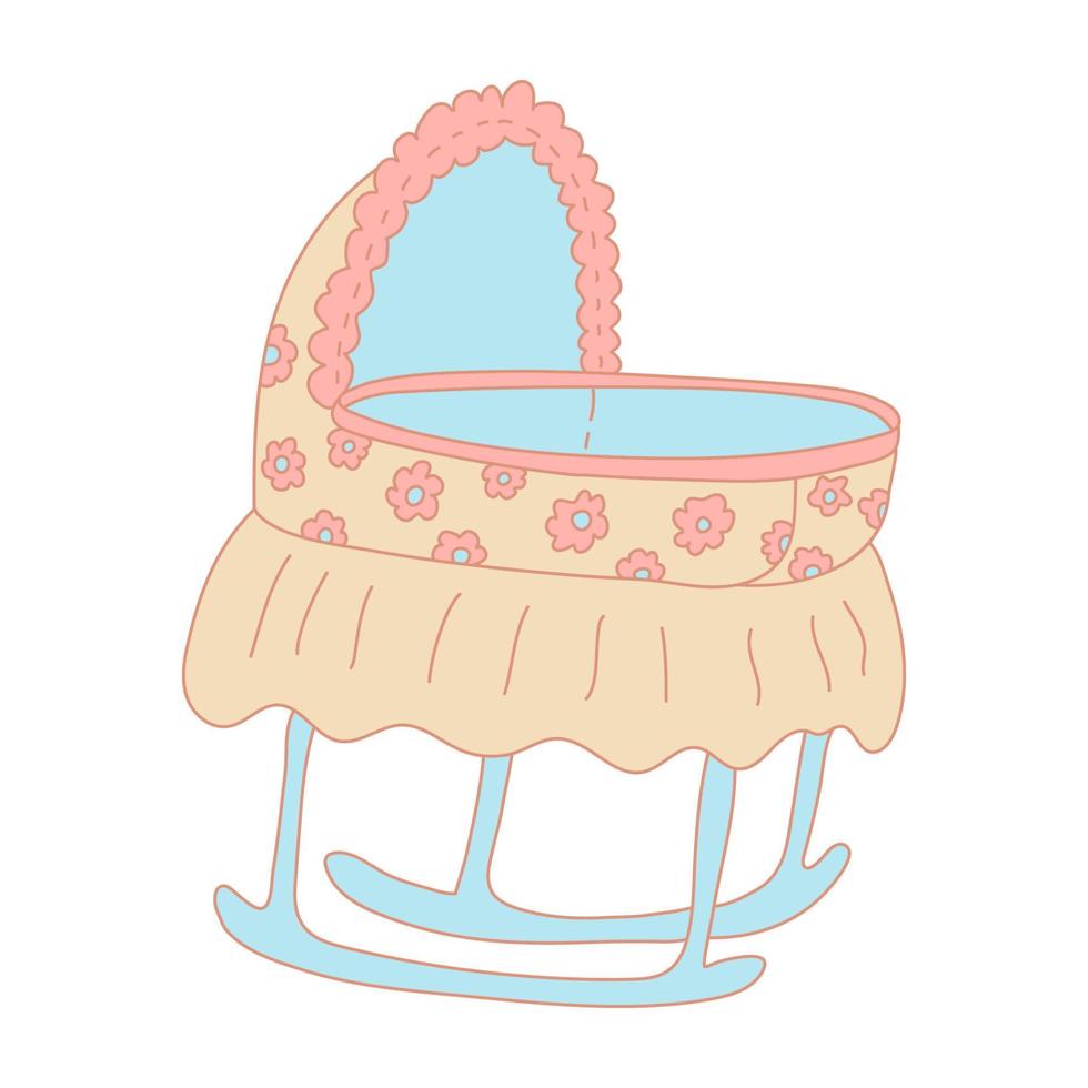 Bassinet decorated with chamomile flowers in color doodle style. Flat style with outline. Hand drawn vector illustration isolated on white background. Newborn bed. Pastel colors, pink, blue, beige.